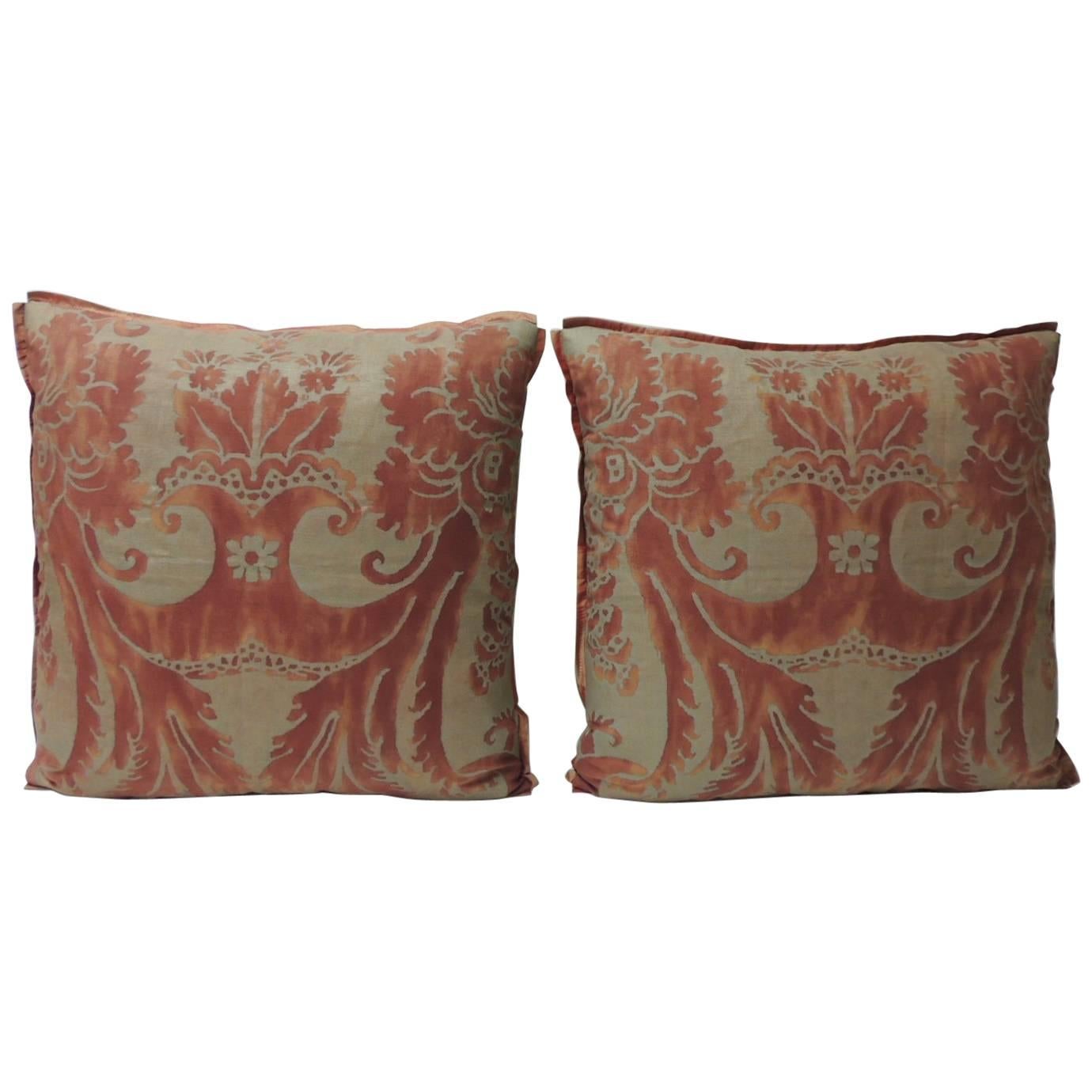 Pair of Vintage Fortuny “Glicine” Pattern Red and Silvery Decorative Pillows