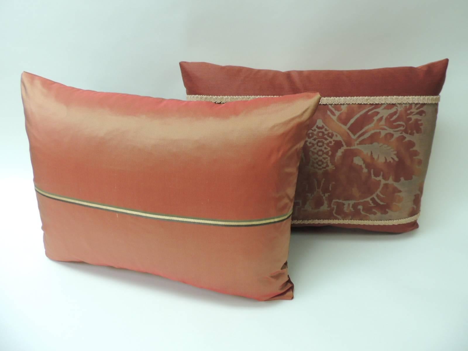 Regency Pair of Vintage Fortuny “Glicine” Red and Silvery Bolster Decorative Pillows