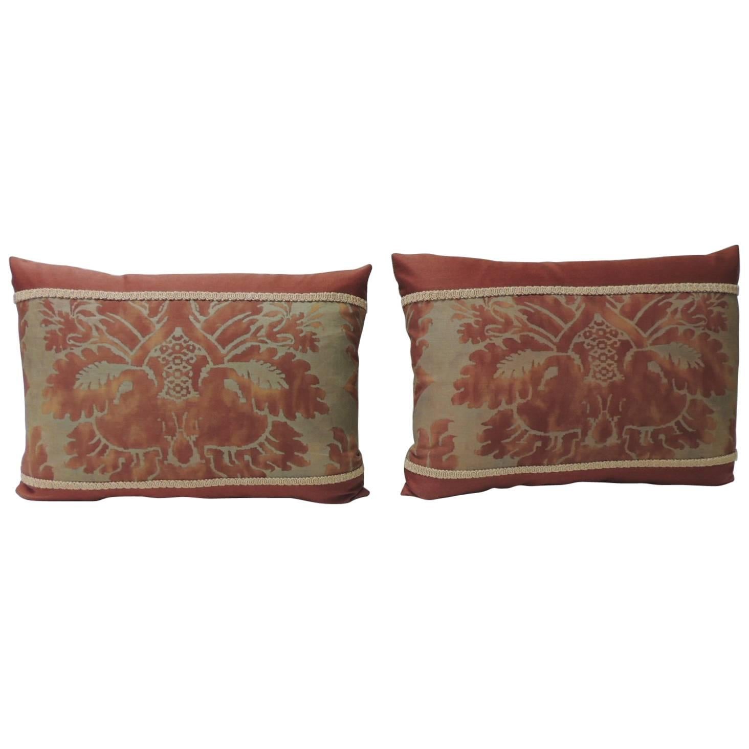 Pair of Vintage Fortuny “Glicine” Red and Silvery Bolster Decorative Pillows