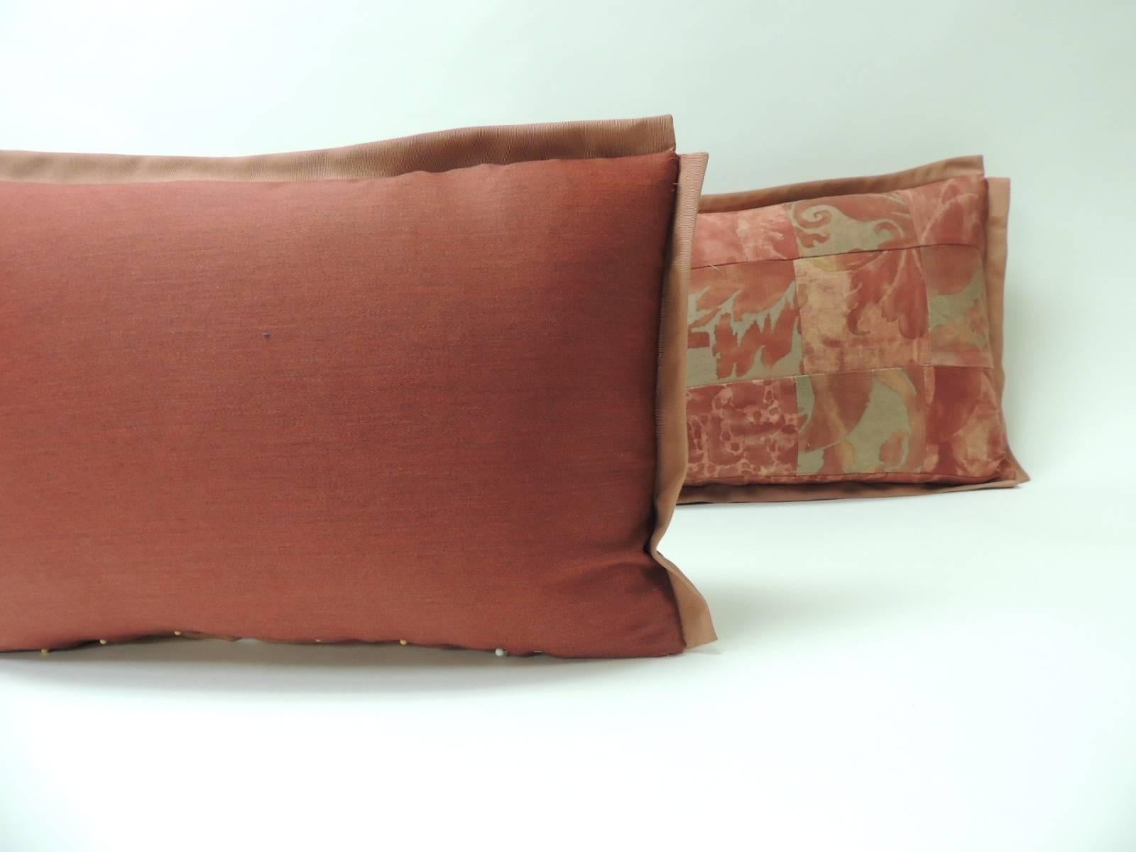 Hand-Crafted Pair of Vintage Fortuny “Glicine” Red and Silvery Lumbar Decorative Pillows