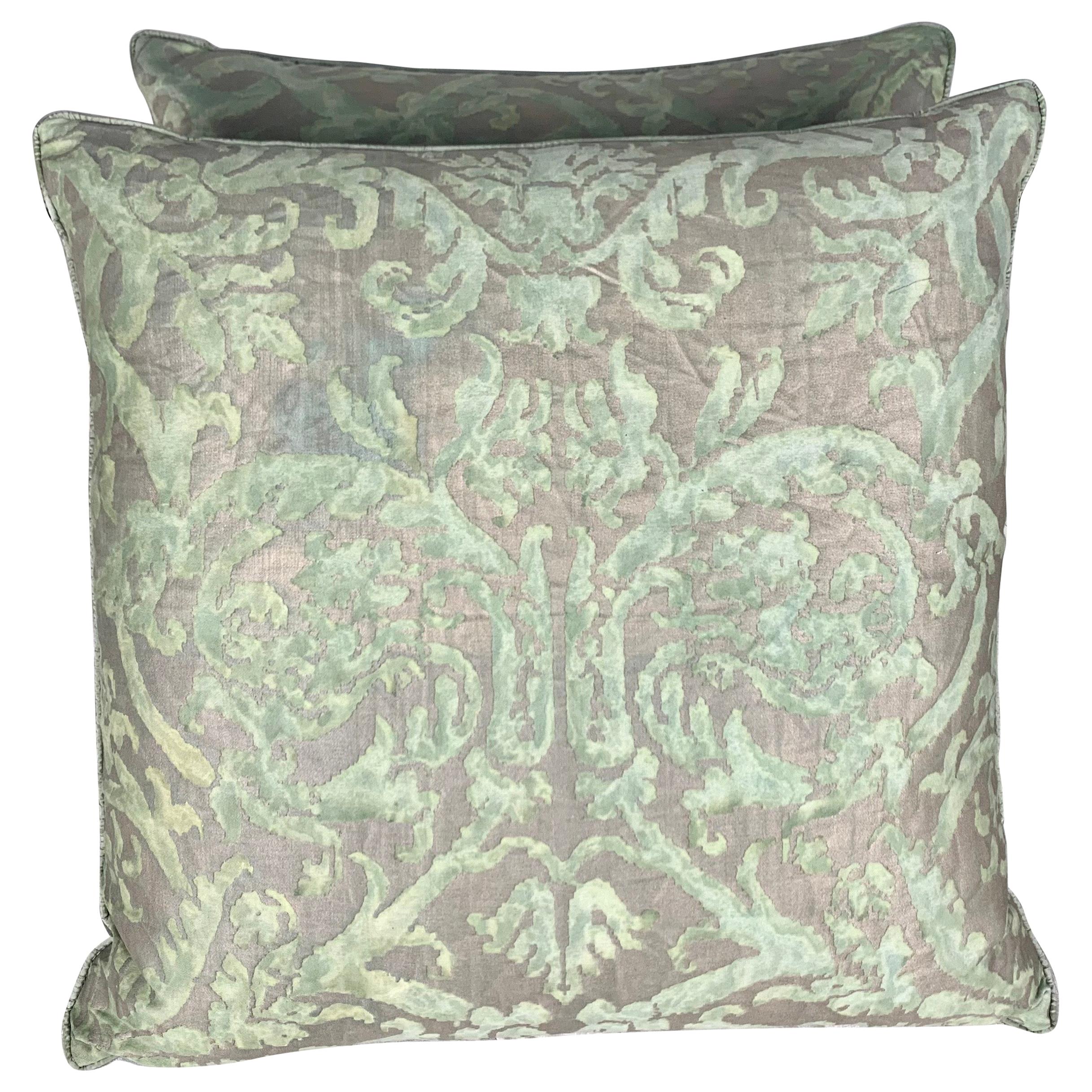 Pair of Vintage Fortuny Green and Silvery Gold Pillows