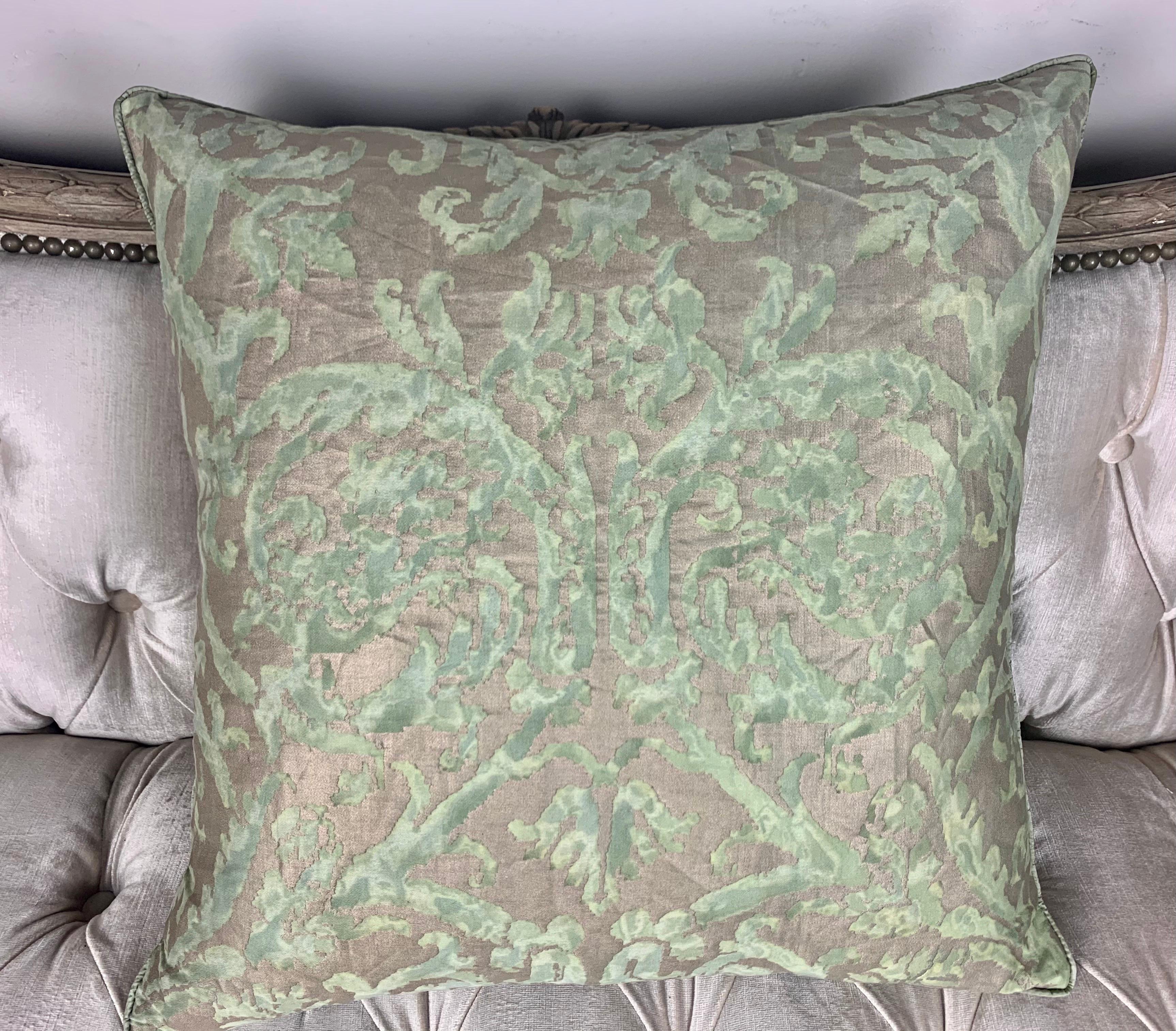 Contemporary Pair of Vintage Fortuny Green and Silvery Gold Pillows