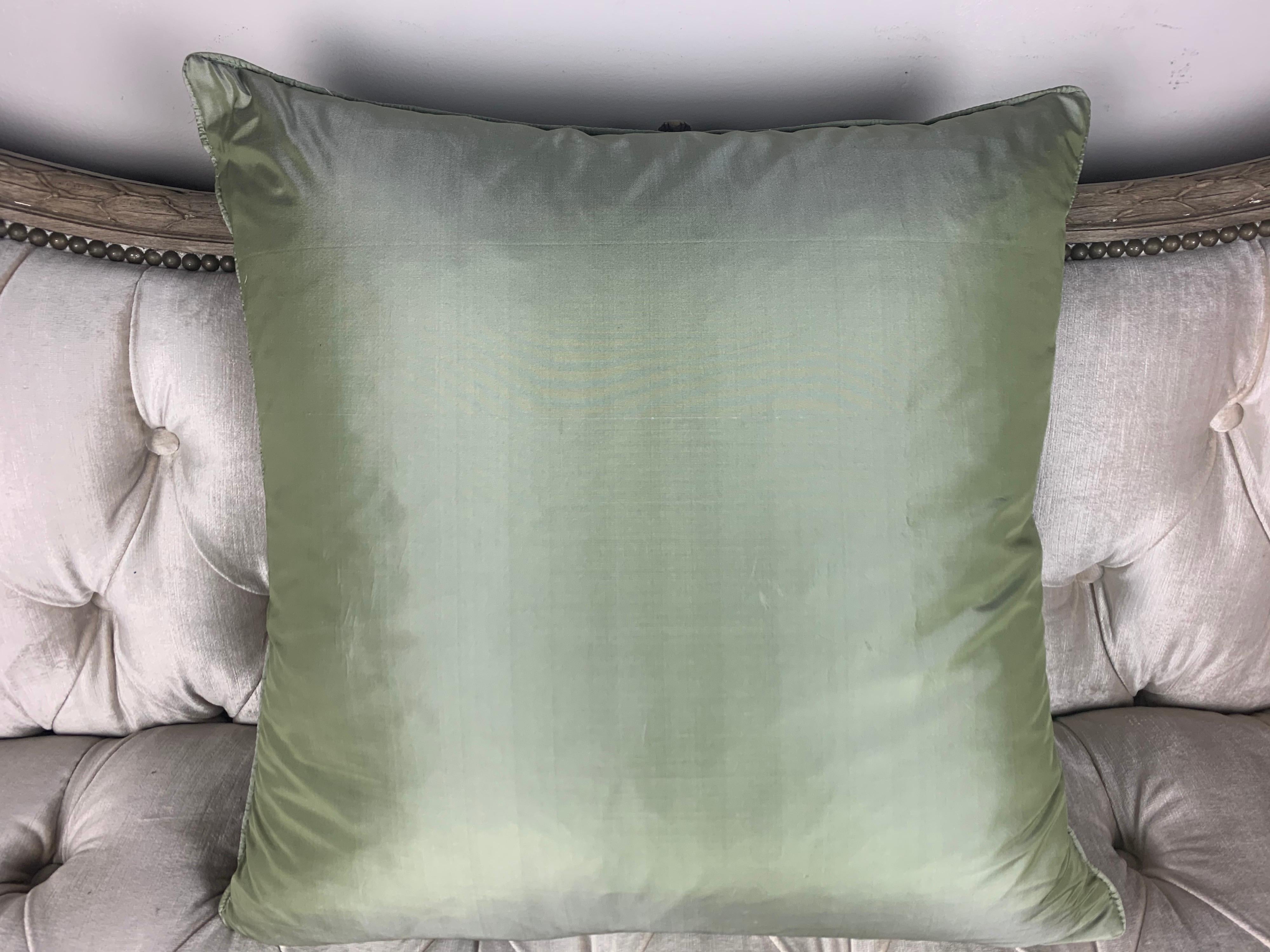 Pair of Vintage Fortuny Green and Silvery Gold Pillows 1