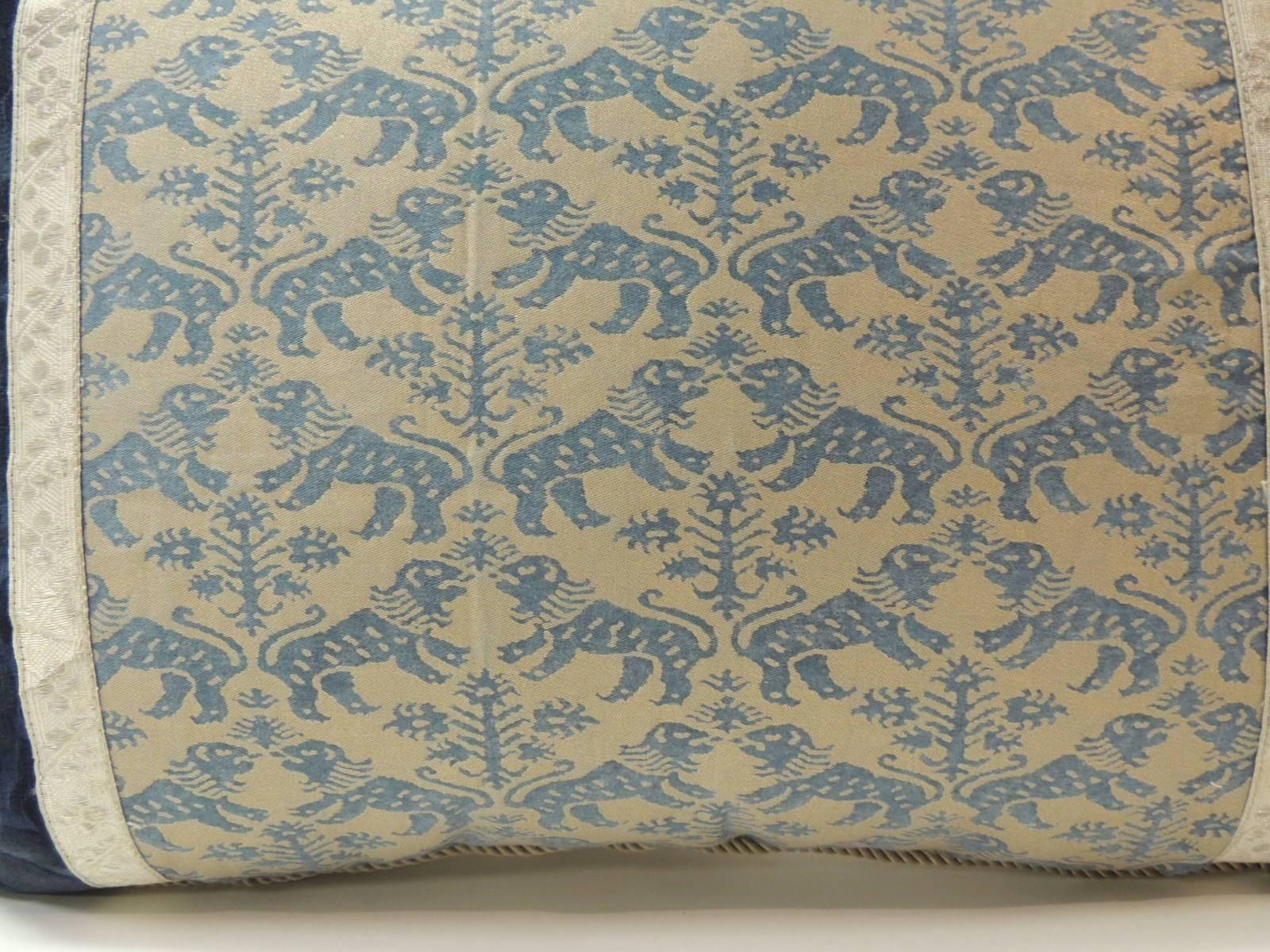 Regency Pair of Vintage Fortuny “Richelieu” Blue on Silver Decorative Bolster Pillows