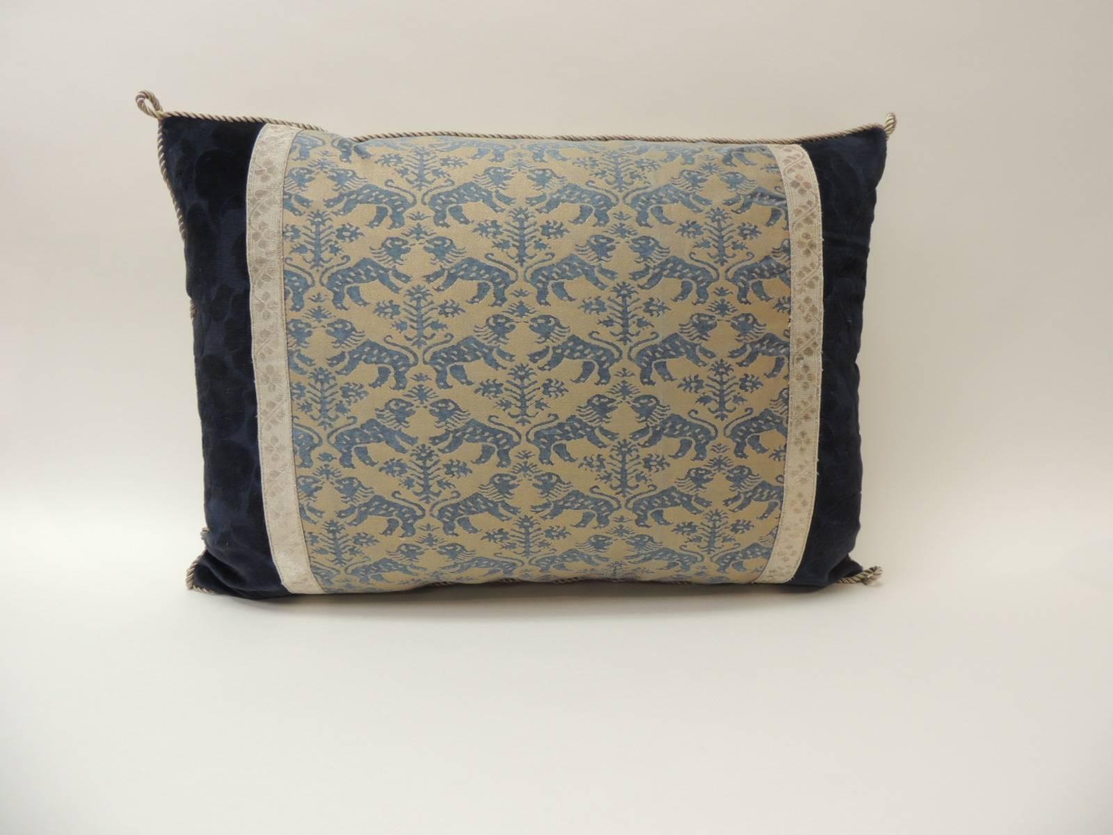 Italian Pair of Vintage Fortuny “Richelieu” Blue on Silver Decorative Bolster Pillows