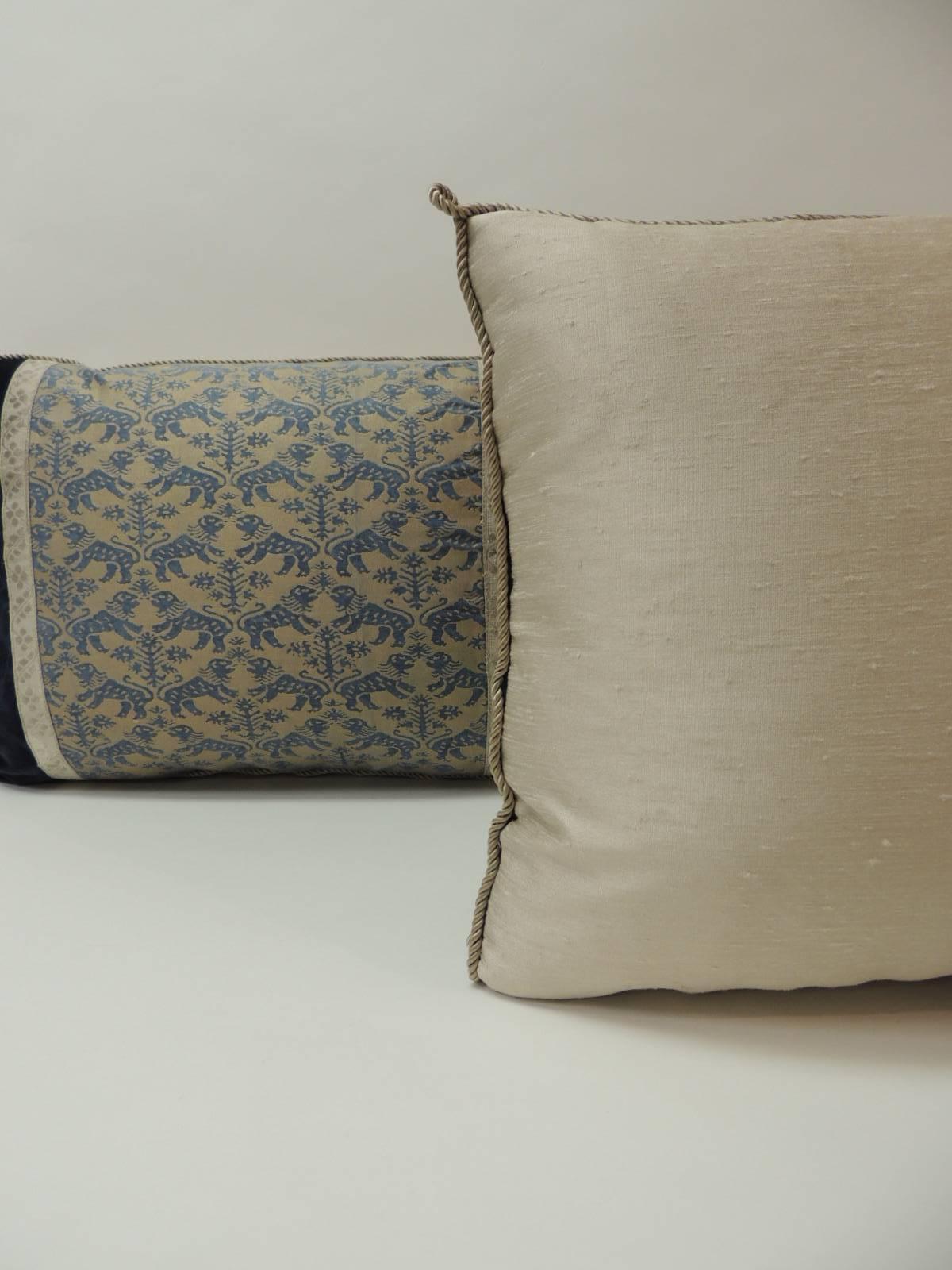 Hand-Crafted Pair of Vintage Fortuny “Richelieu” Blue on Silver Decorative Bolster Pillows