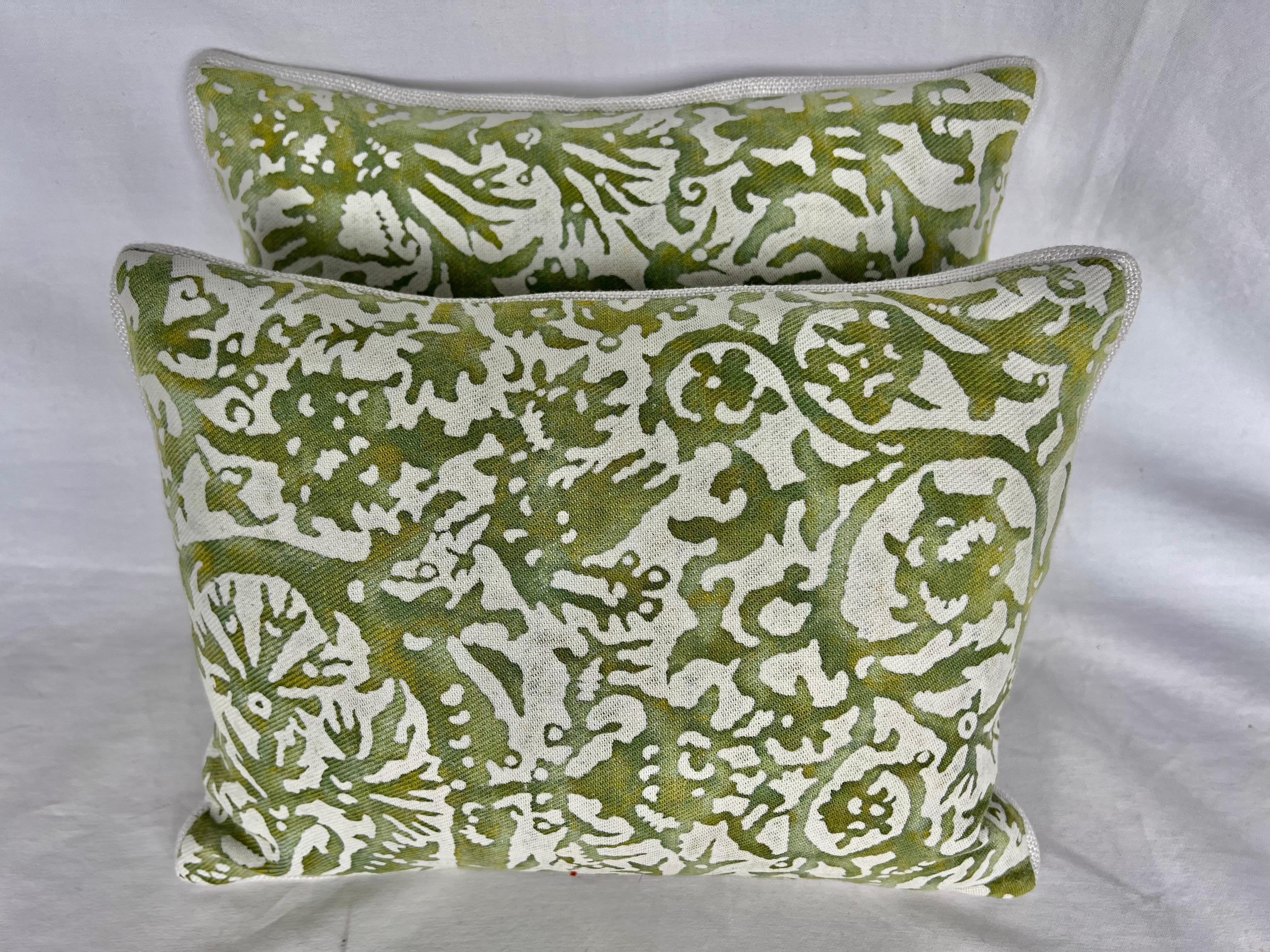 Pair of custom pillows made with vintage green & white Fortuny on the fronts and a crisp white linen on the backs. Down inserts, zipper closures.