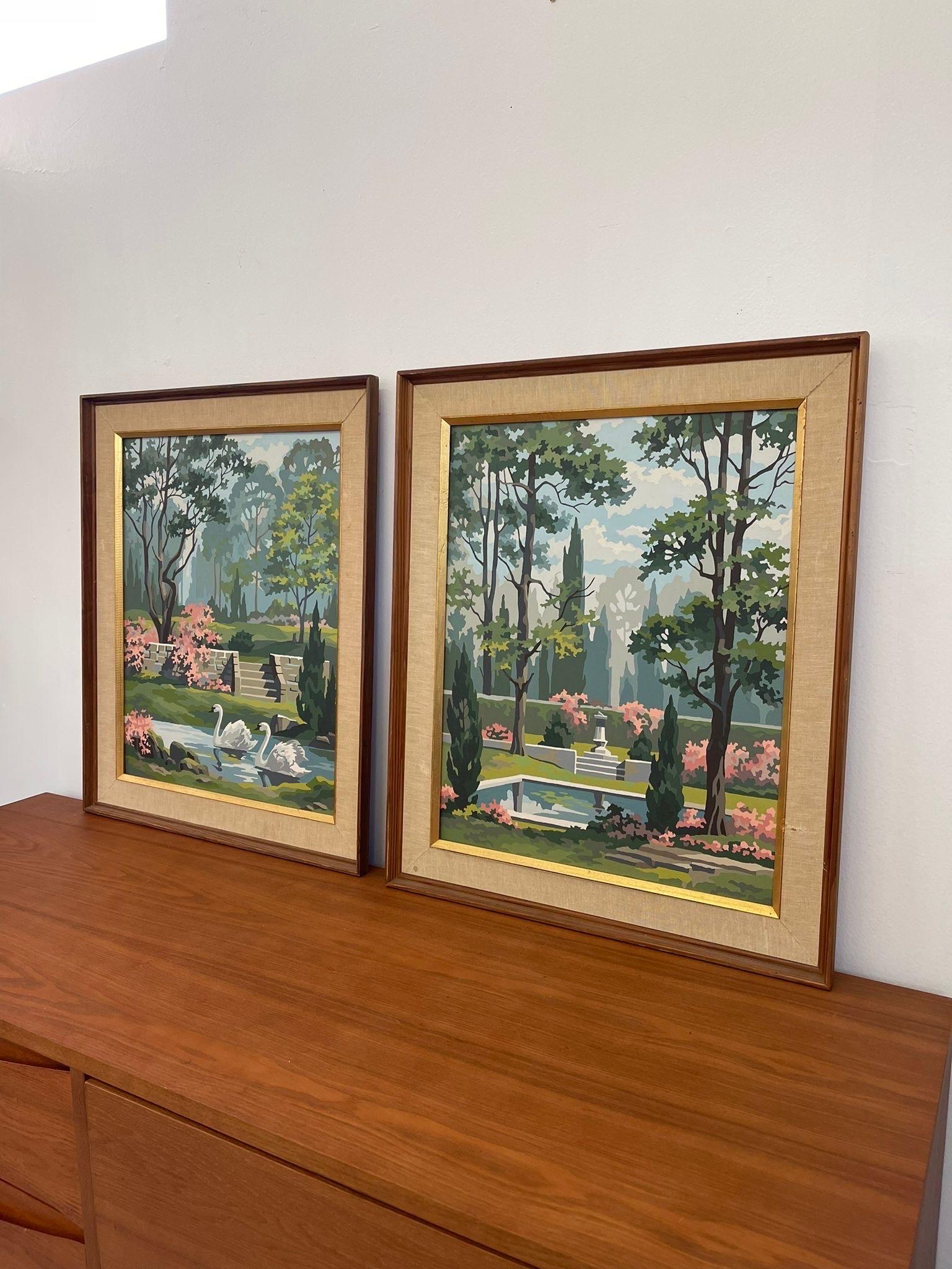 Mid-Century Modern Pair of Vintage Framed and Signed Original Painting of Garden Scapes. For Sale