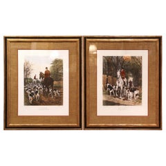 Pair of Vintage Framed English Painted Hunt Scene Prints by EAS Douglas, 1877
