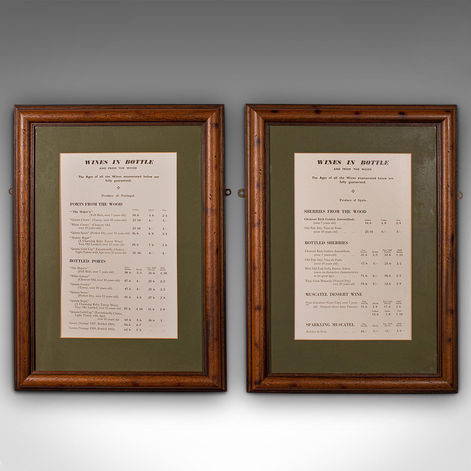 This is a pair of vintage framed wine lists. An English, pine and glass decorative panel, dating to the Art Deco period, circa 1930.

Delightful vintage sherry and port lists in quality frames
Displaying a desirable aged patina and in good
