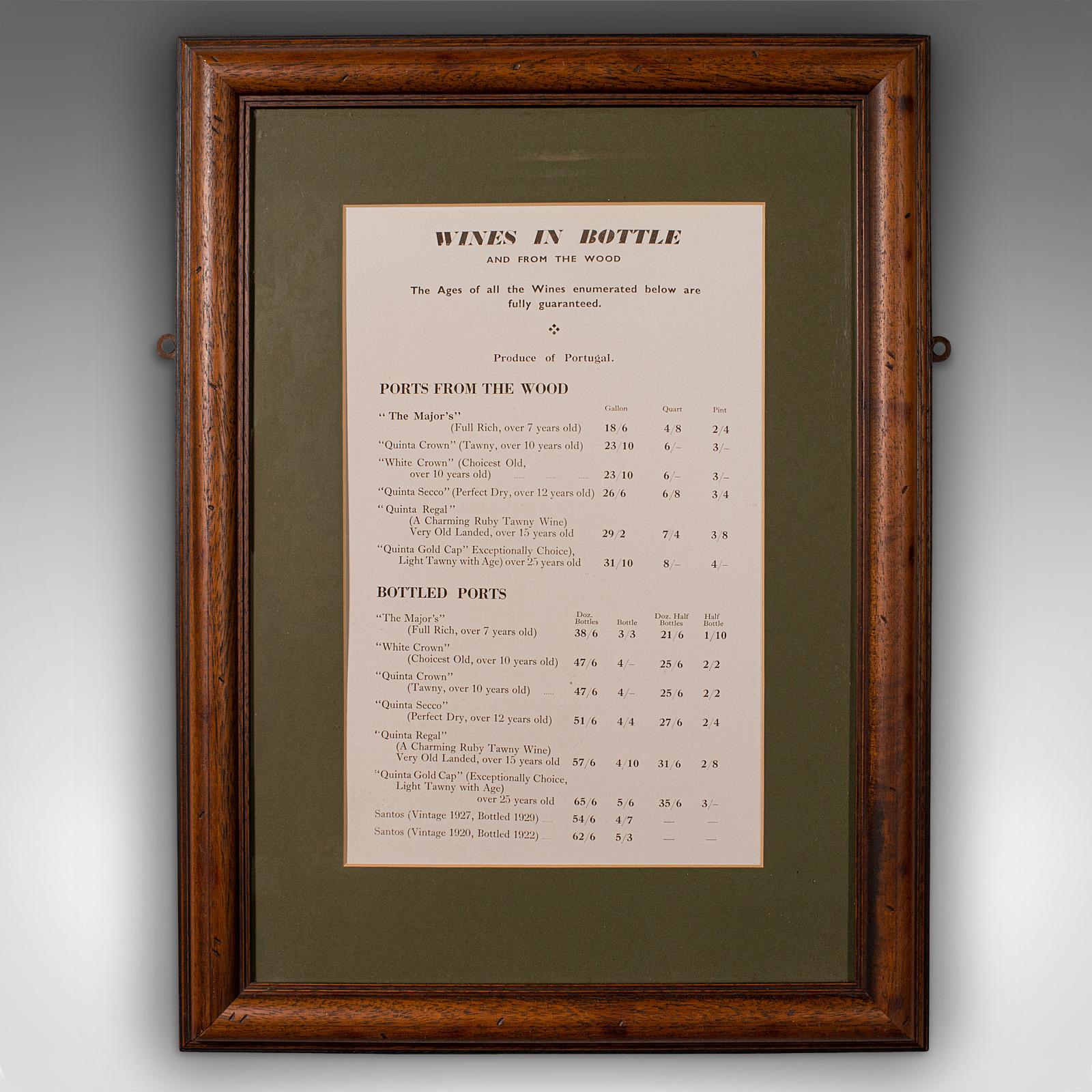 British Pair of Vintage Framed Wine Lists, English, Decorative Panel, Art Deco, C.1930 For Sale