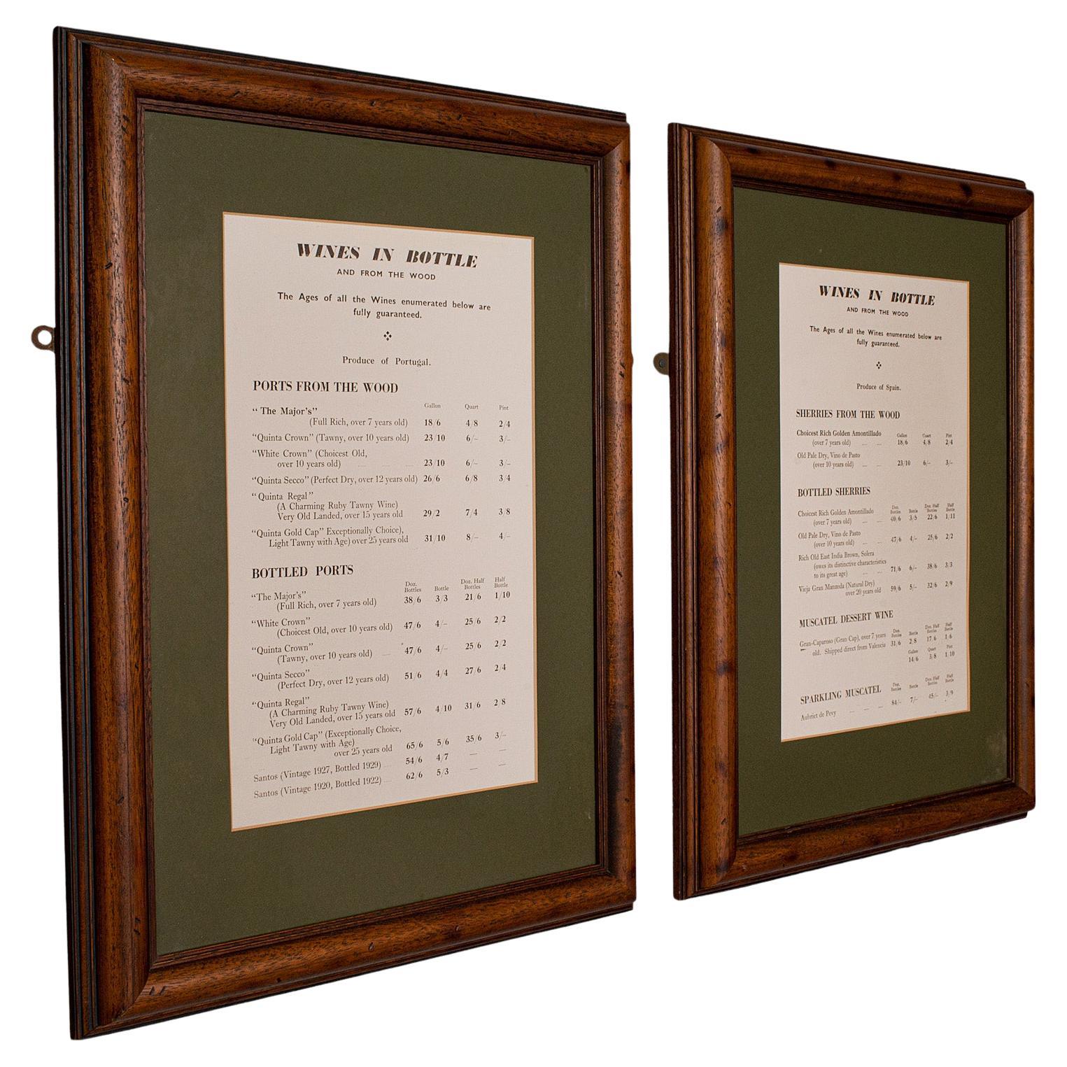Pair of Vintage Framed Wine Lists, English, Decorative Panel, Art Deco, C.1930 For Sale