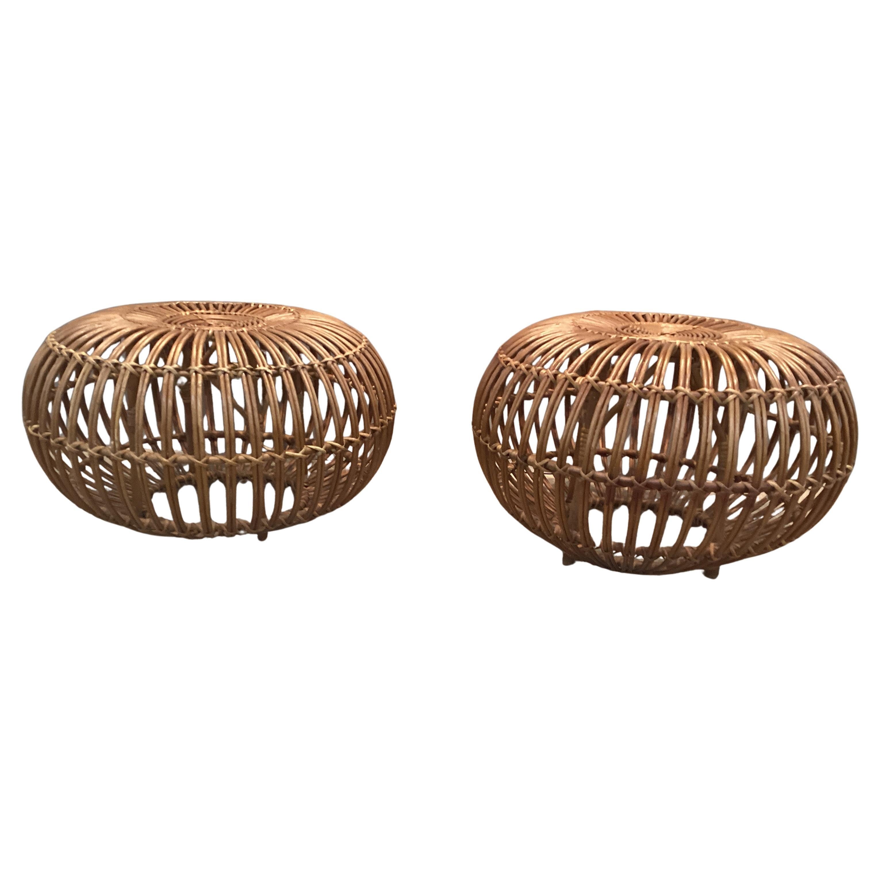 Pair of Vintage Franco Albini Style Rattan Pouf Ottoman Footstools