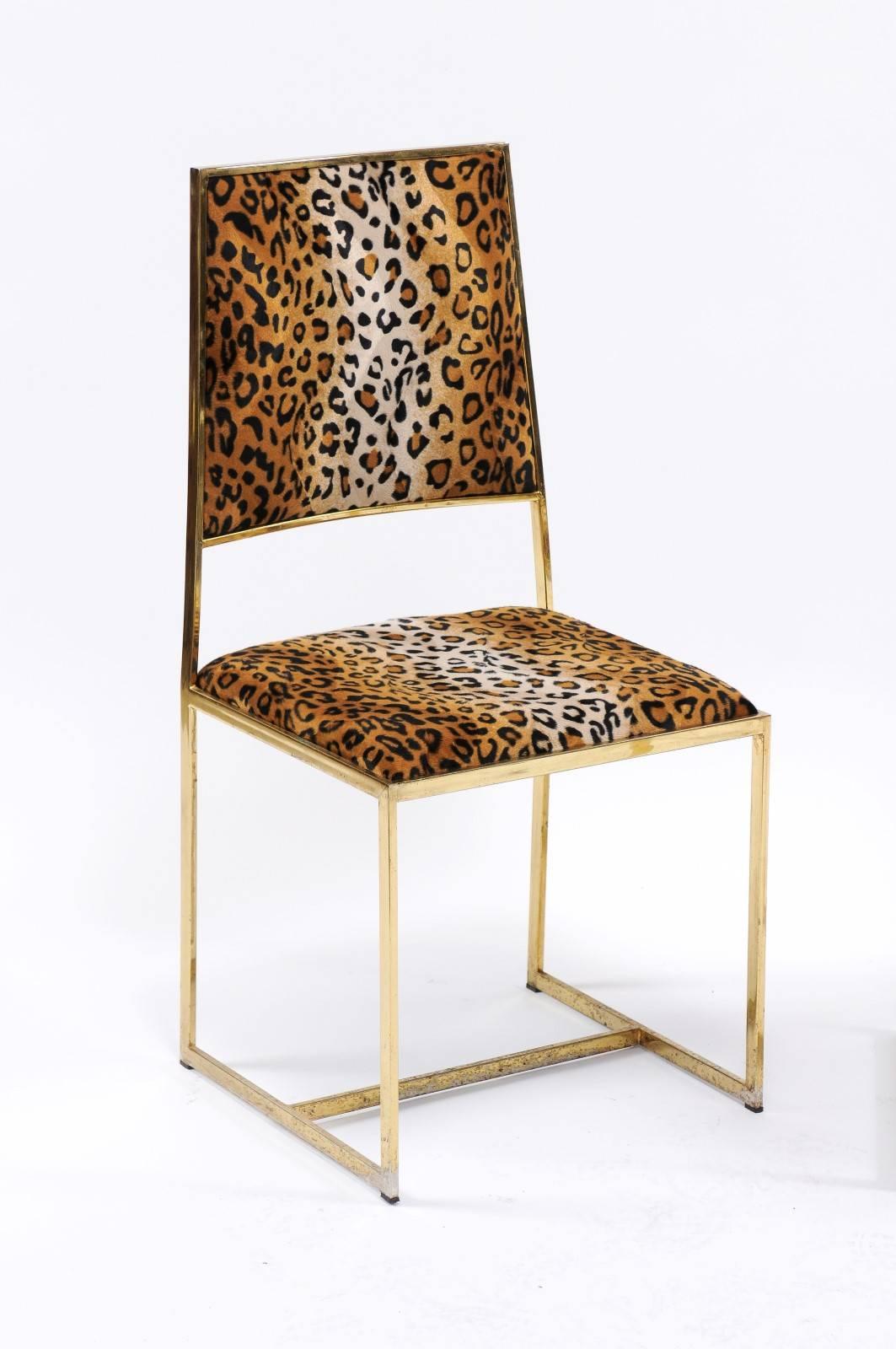 Pair of Vintage French 1970s Animal Print and Brass Side Chairs with Stretcher 5