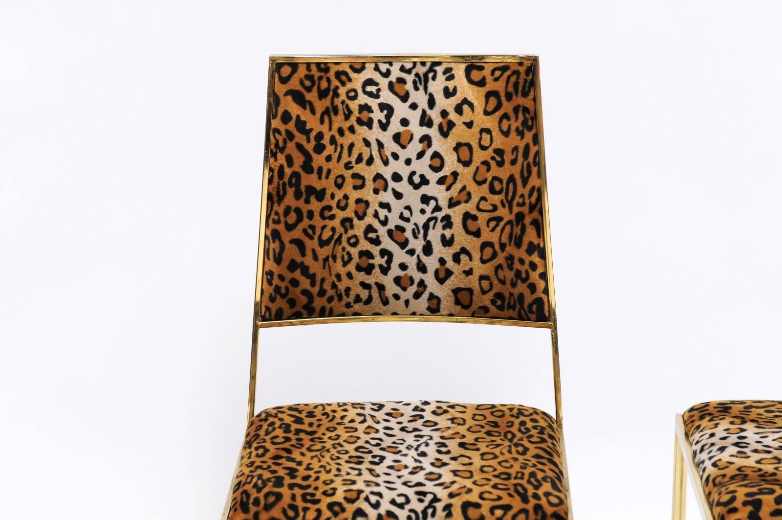 Mid-Century Modern Pair of Vintage French 1970s Animal Print and Brass Side Chairs with Stretcher