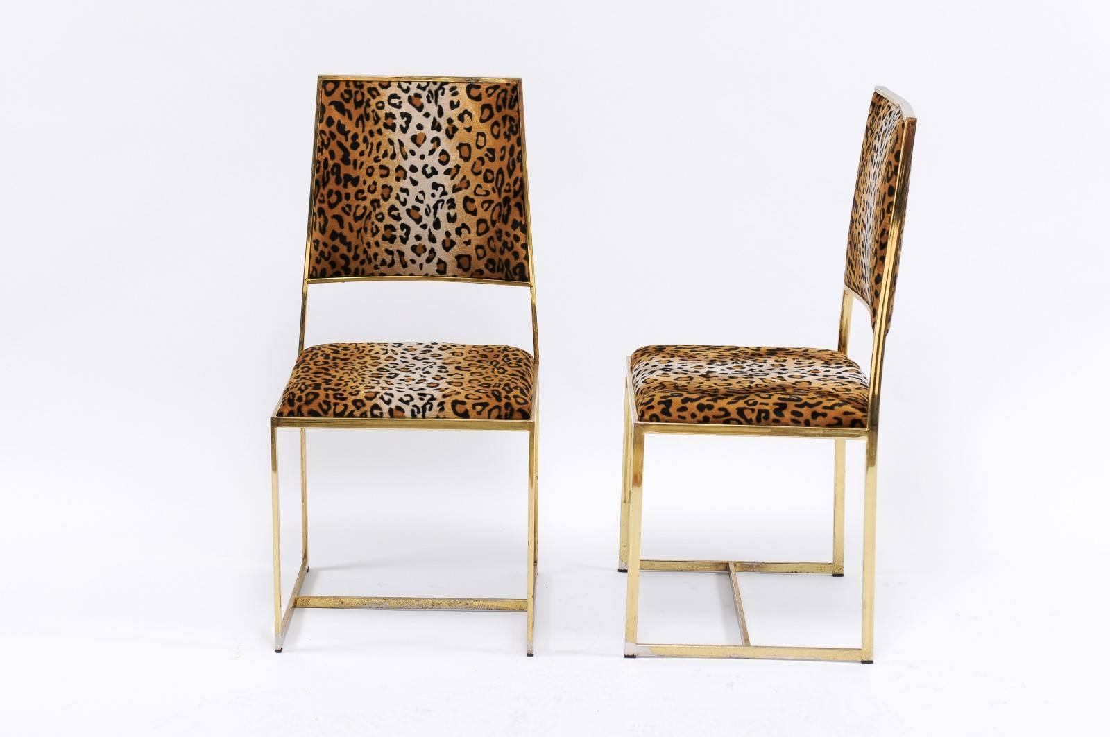 Pair of Vintage French 1970s Animal Print and Brass Side Chairs with Stretcher In Good Condition In Atlanta, GA