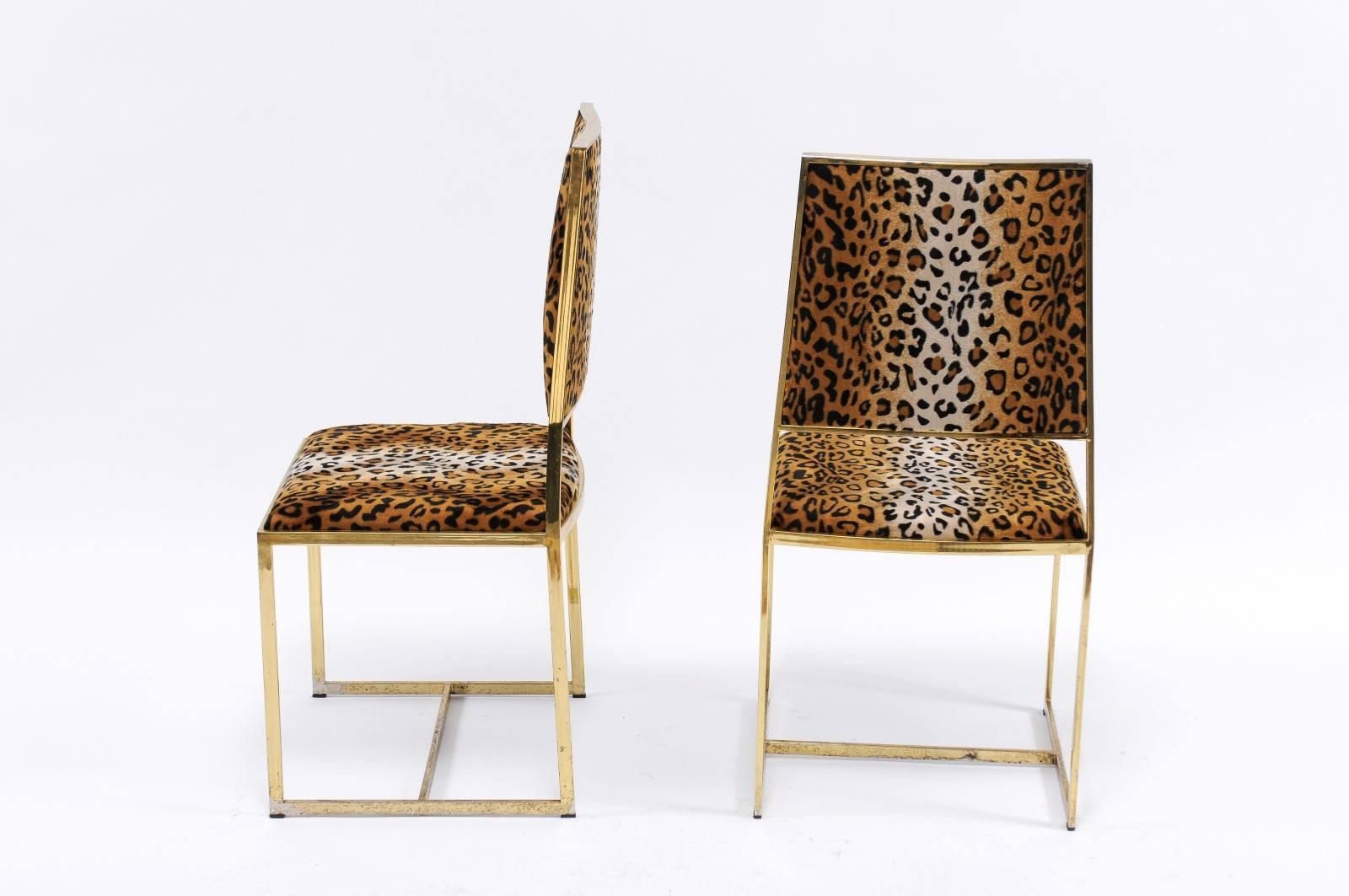 20th Century Pair of Vintage French 1970s Animal Print and Brass Side Chairs with Stretcher