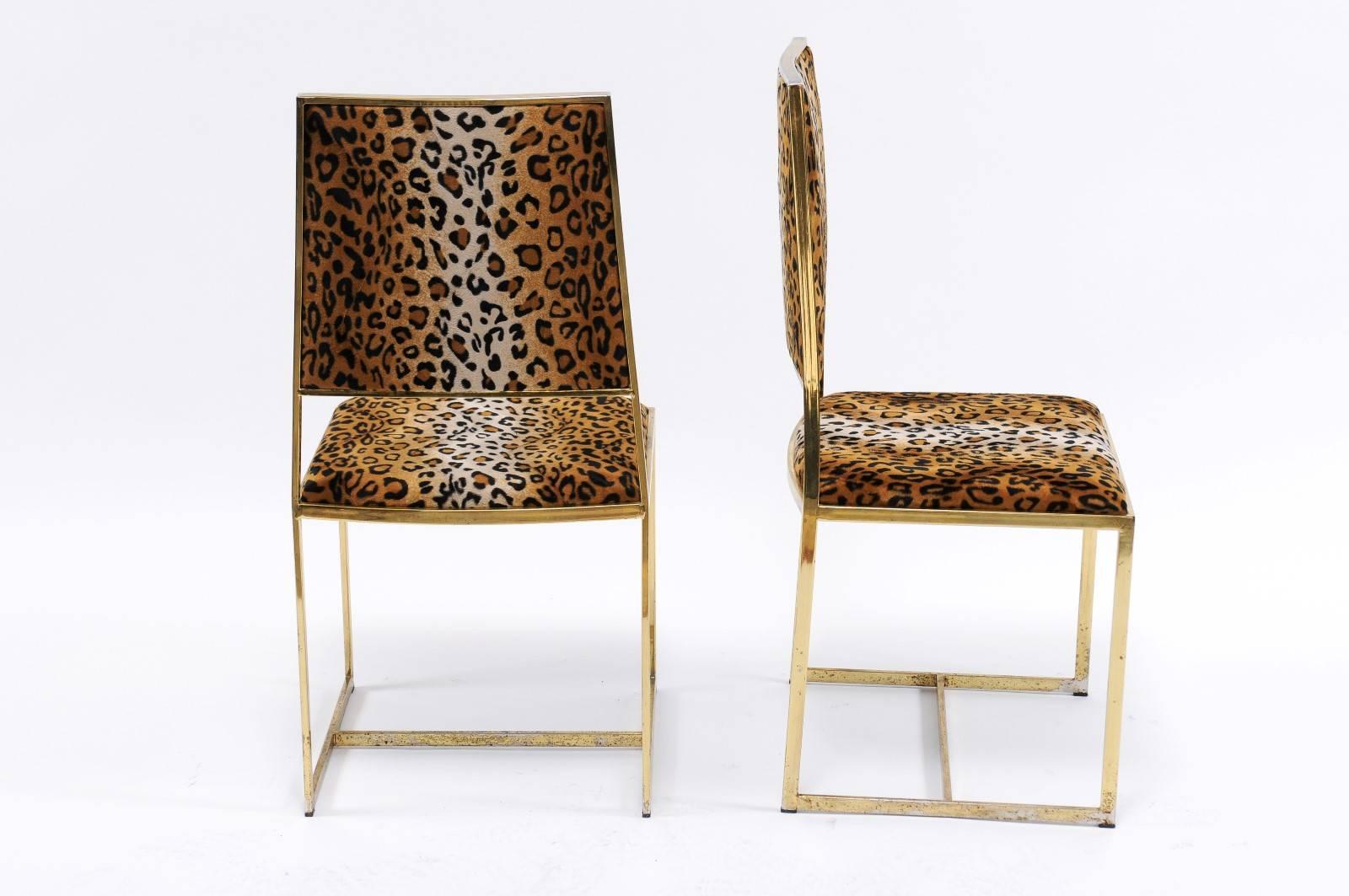 Pair of Vintage French 1970s Animal Print and Brass Side Chairs with Stretcher 1