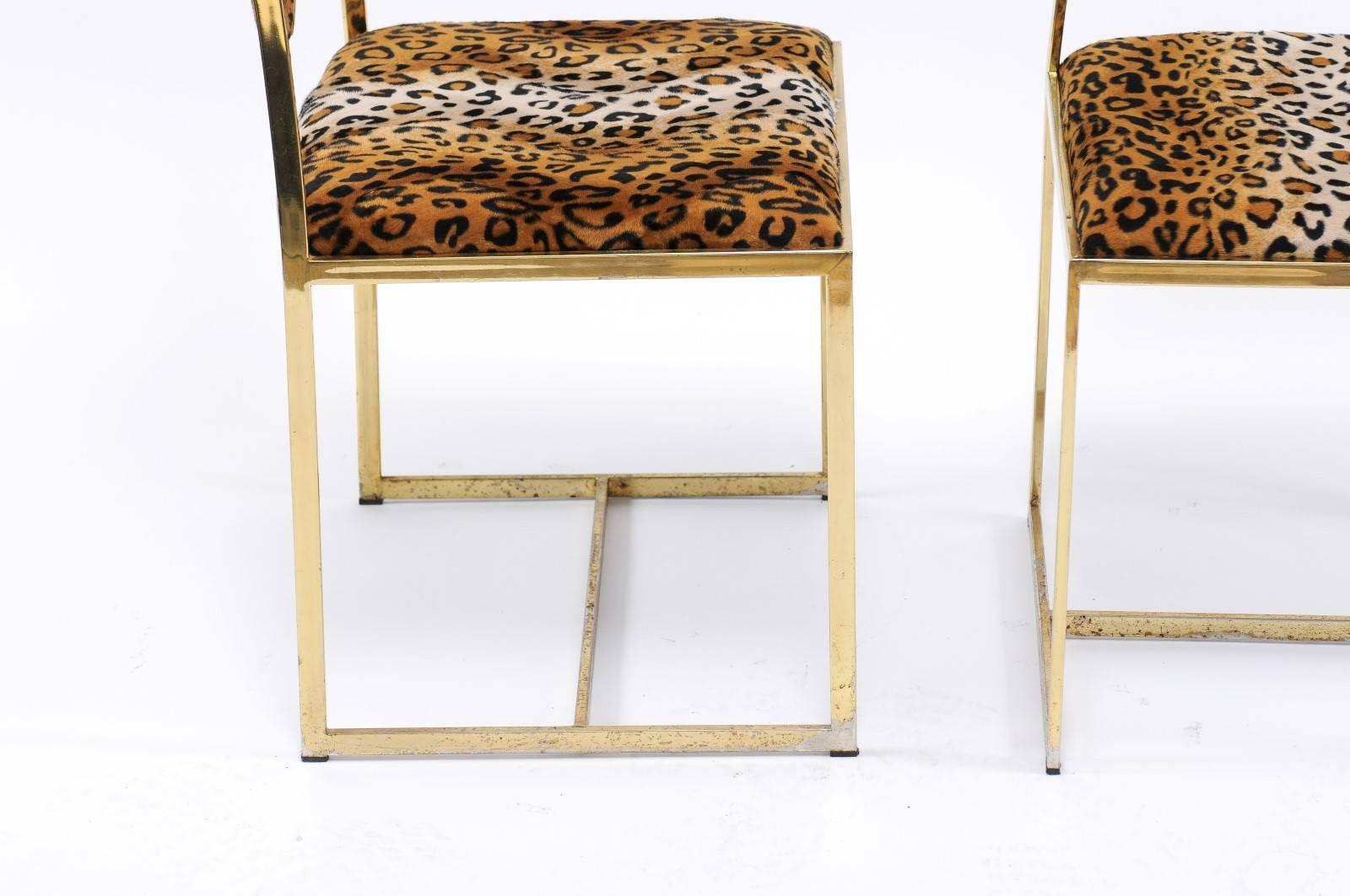 Pair of Vintage French 1970s Animal Print and Brass Side Chairs with Stretcher 2