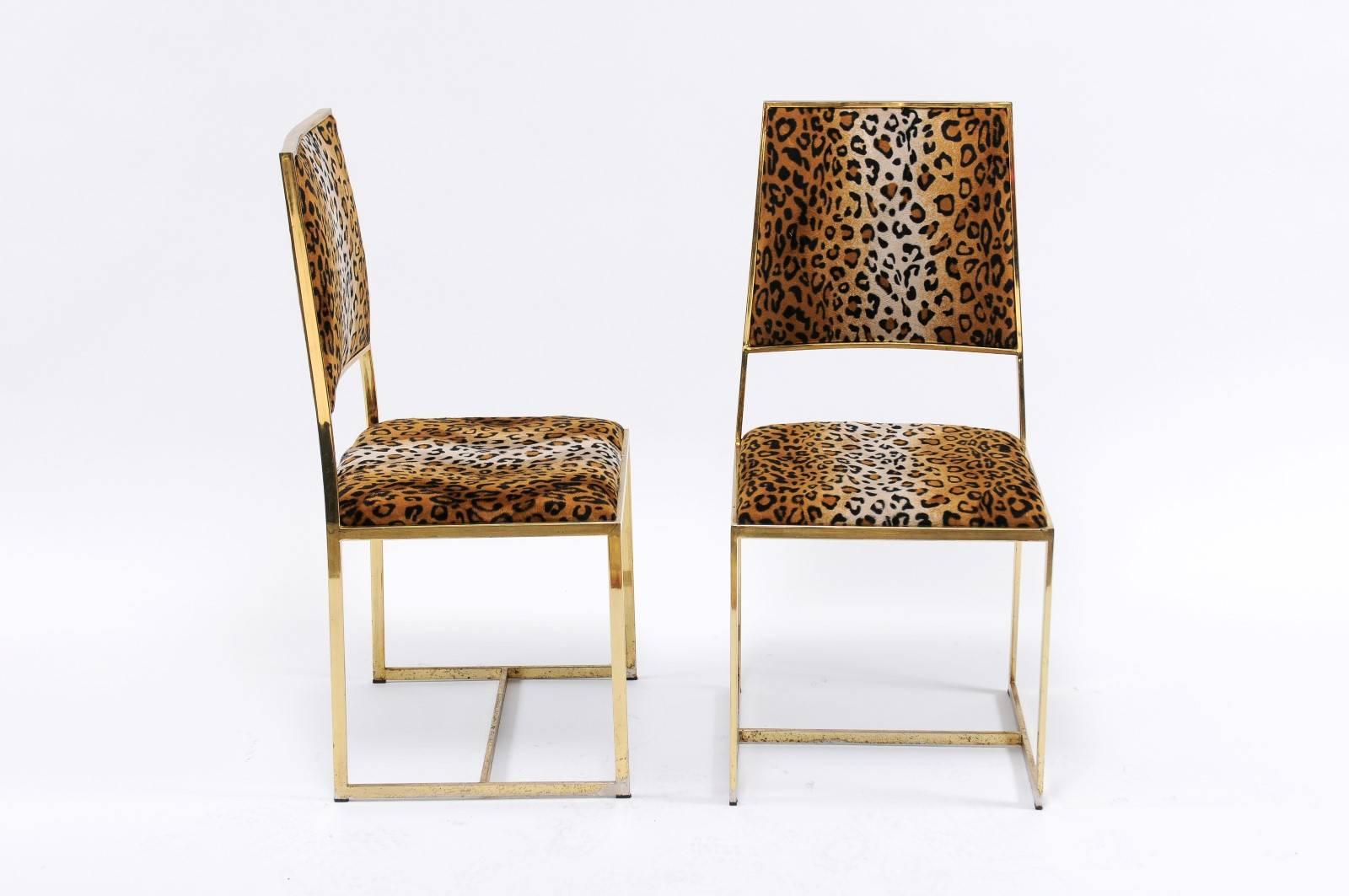 Pair of Vintage French 1970s Animal Print and Brass Side Chairs with Stretcher 3