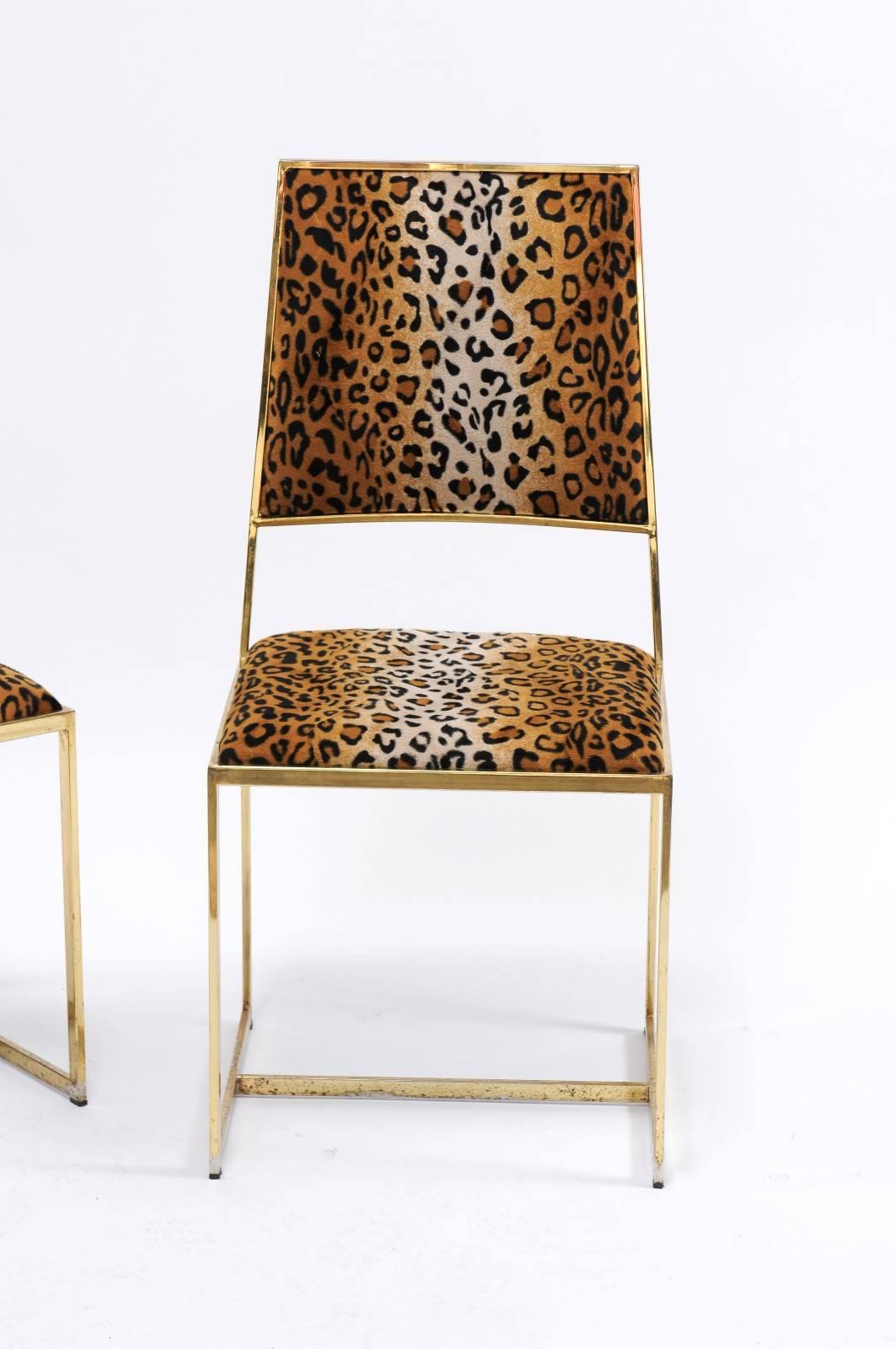 Pair of Vintage French 1970s Animal Print and Brass Side Chairs with Stretcher 4