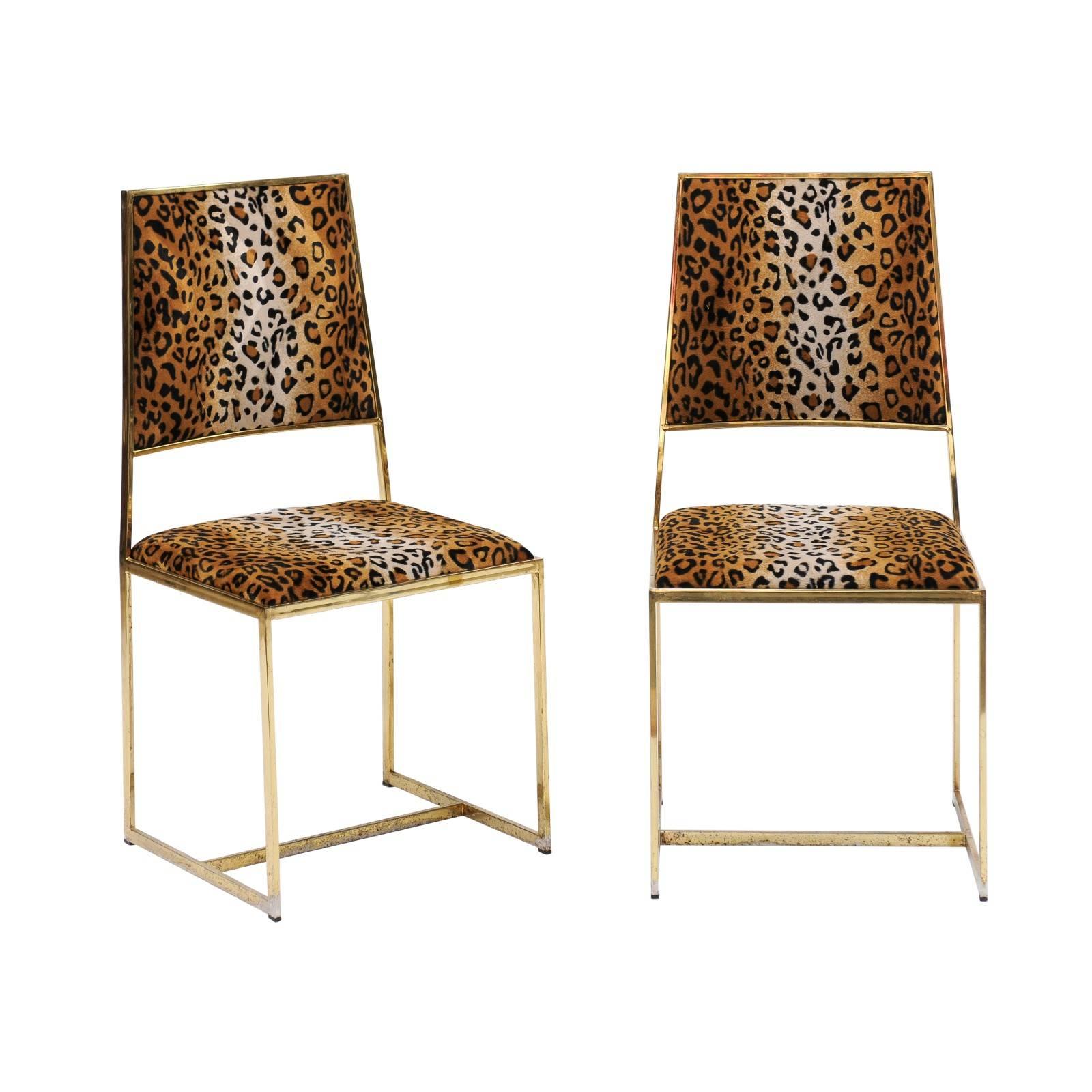 Pair of Vintage French 1970s Animal Print and Brass Side Chairs with Stretcher