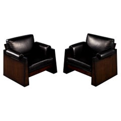 Coppia di sedie da salotto vintage in pelle nera Art Déco francese