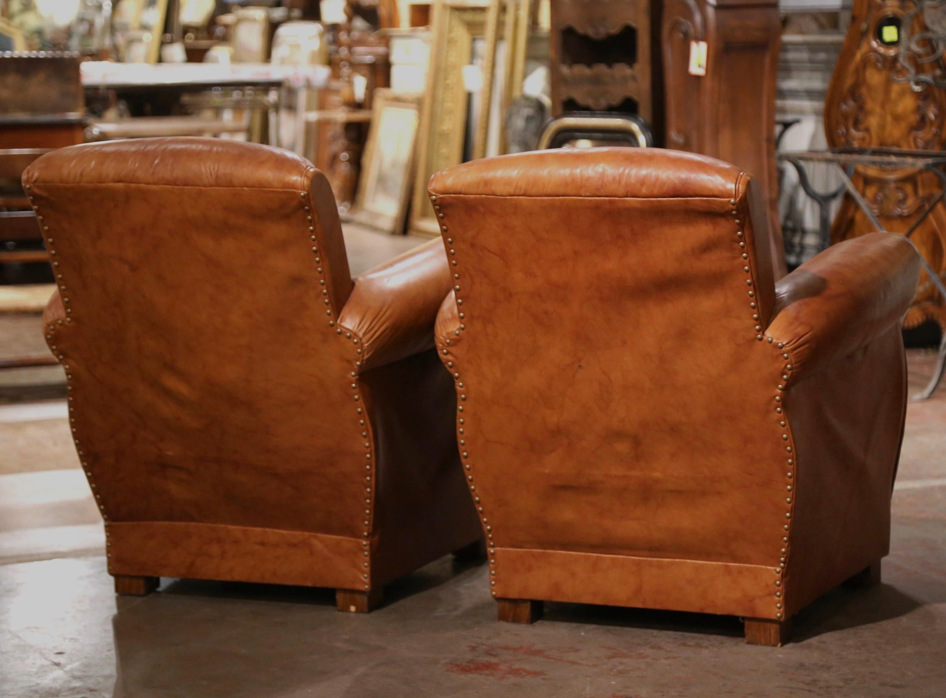 Pair of Vintage French Art Deco Patinated Tan Leather Club Armchairs 5
