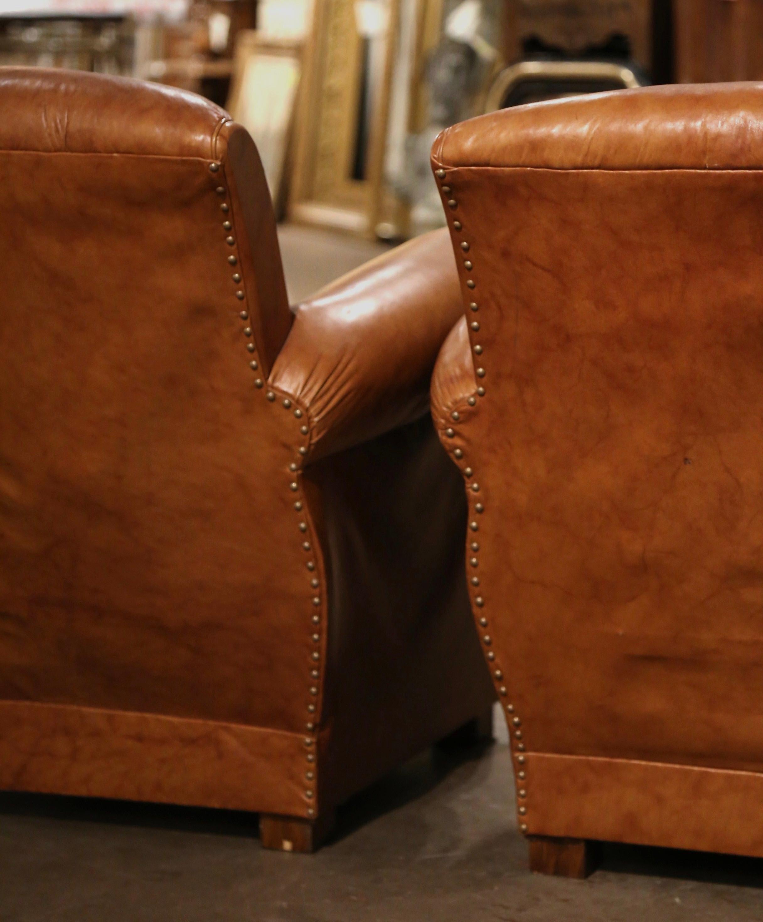 Pair of Vintage French Art Deco Patinated Tan Leather Club Armchairs 6