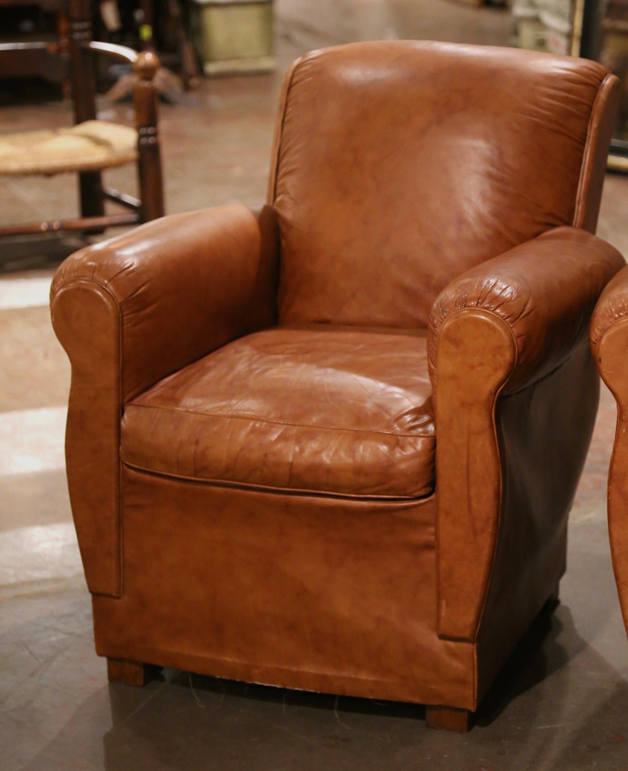 Hand-Crafted Pair of Vintage French Art Deco Patinated Tan Leather Club Armchairs