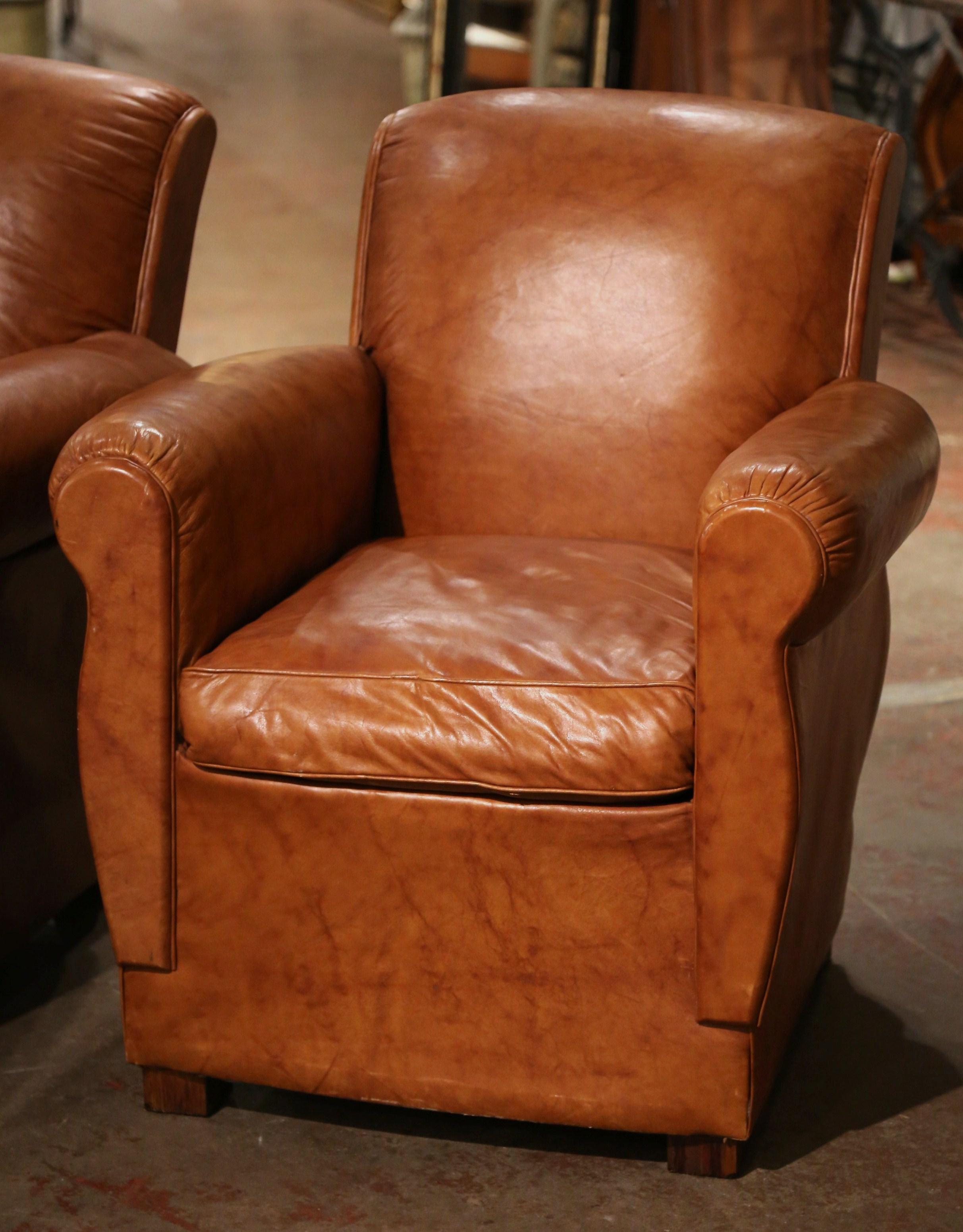 Pair of Vintage French Art Deco Patinated Tan Leather Club Armchairs In Excellent Condition In Dallas, TX