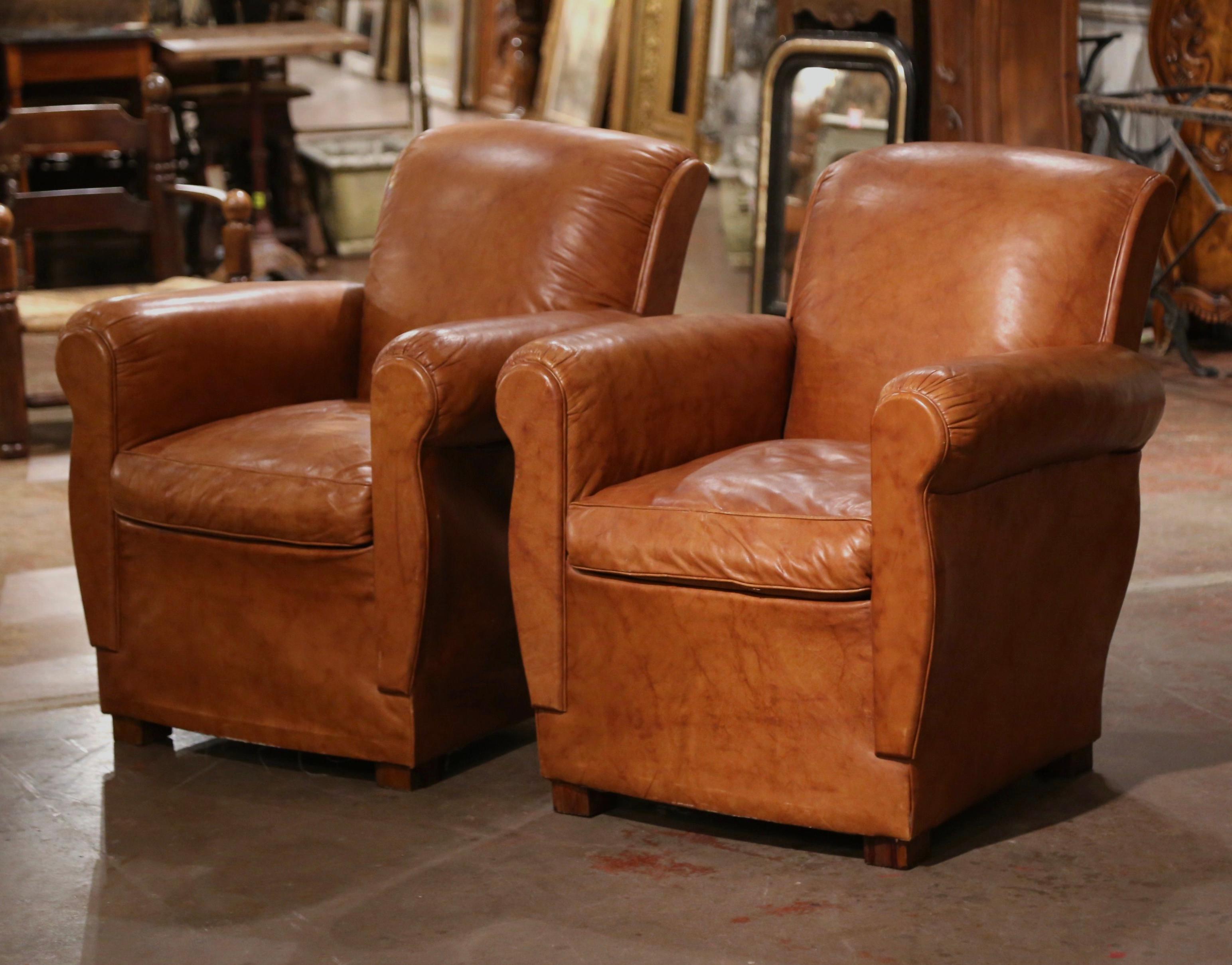20th Century Pair of Vintage French Art Deco Patinated Tan Leather Club Armchairs