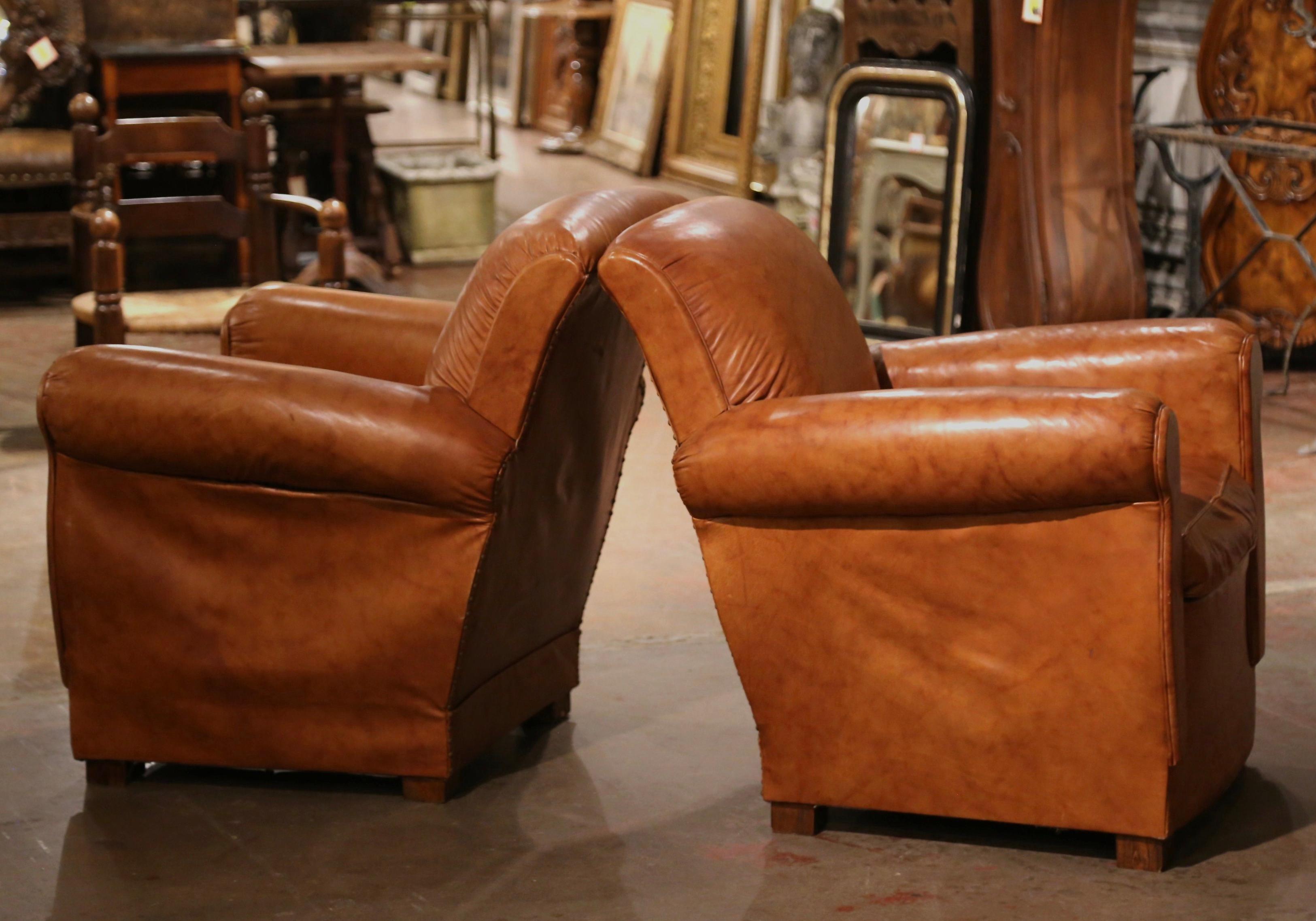 Pair of Vintage French Art Deco Patinated Tan Leather Club Armchairs 3