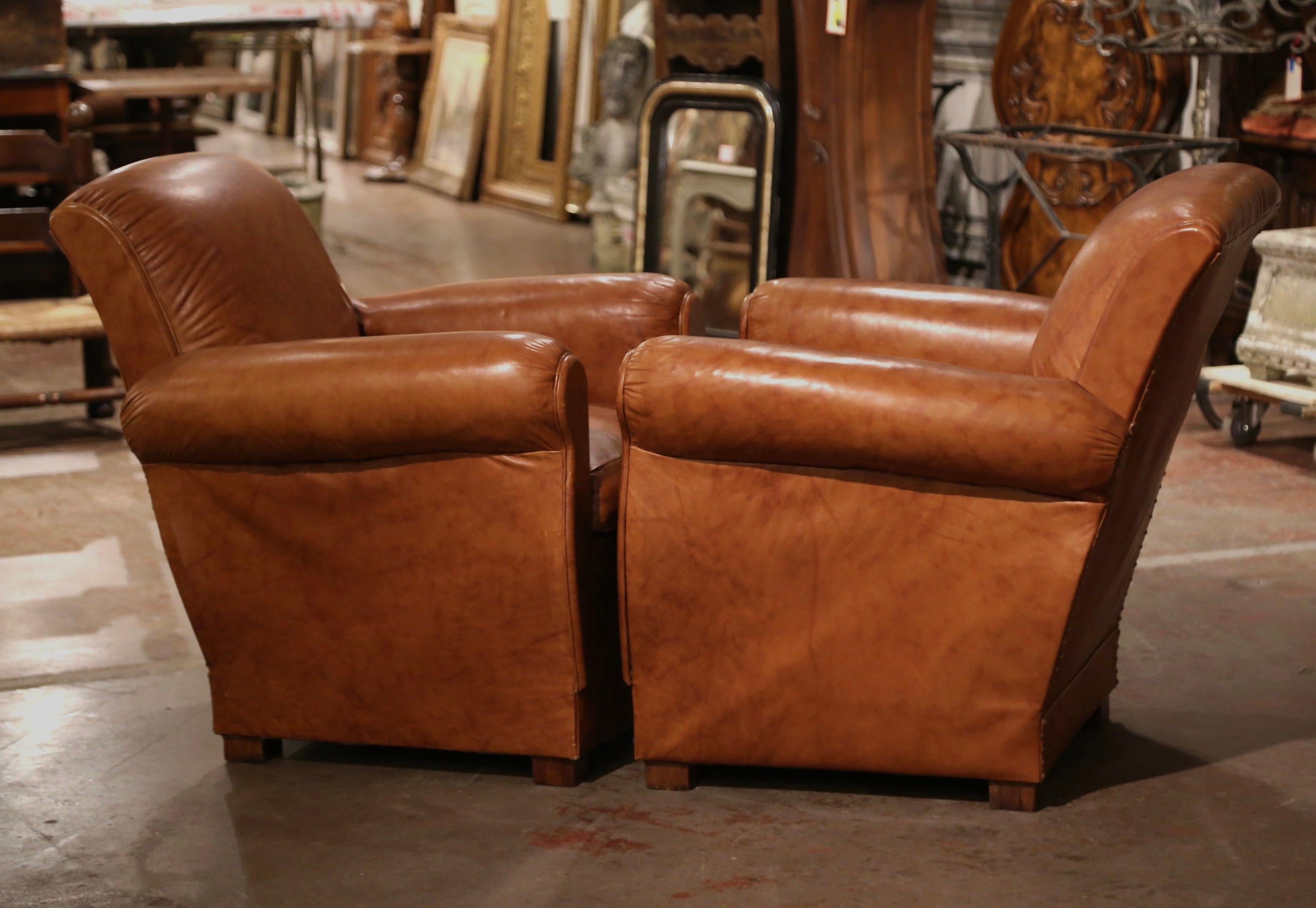 Pair of Vintage French Art Deco Patinated Tan Leather Club Armchairs 4
