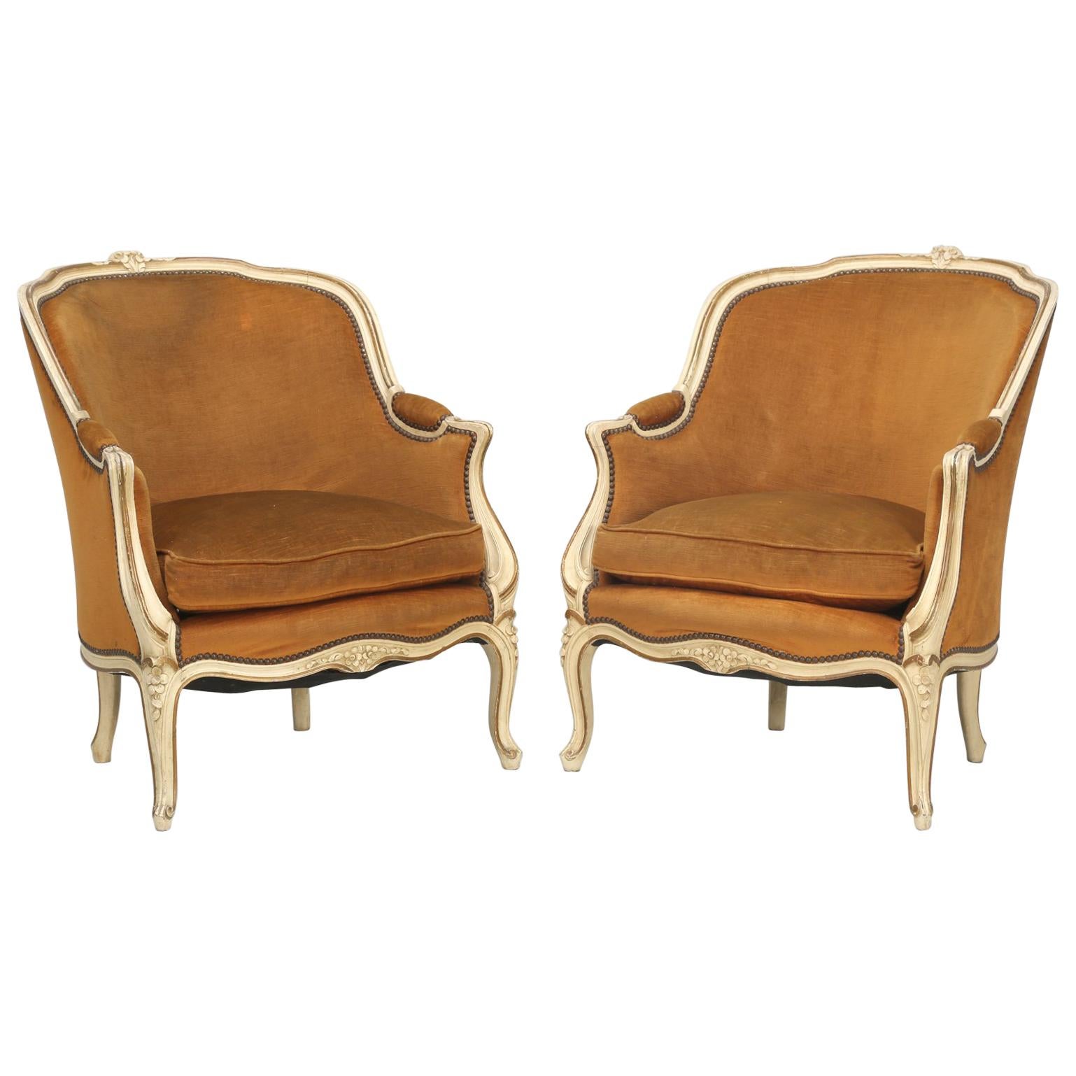 Pair of Vintage French Bergère Chairs in Their Original Paint