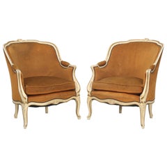 Pair of Vintage French Bergère Chairs in Their Original Paint