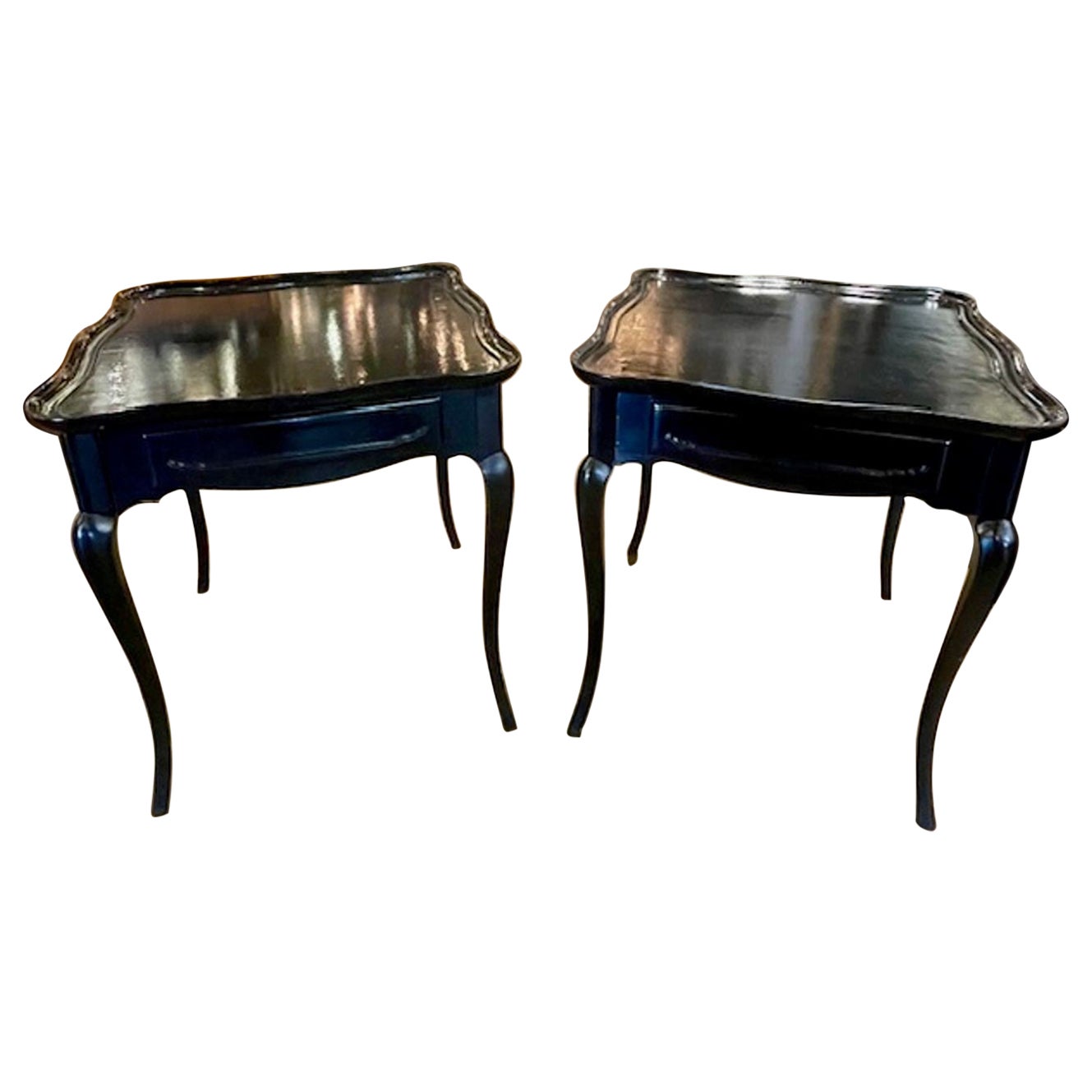 Pair of Vintage French Black Lacquered Side Tables