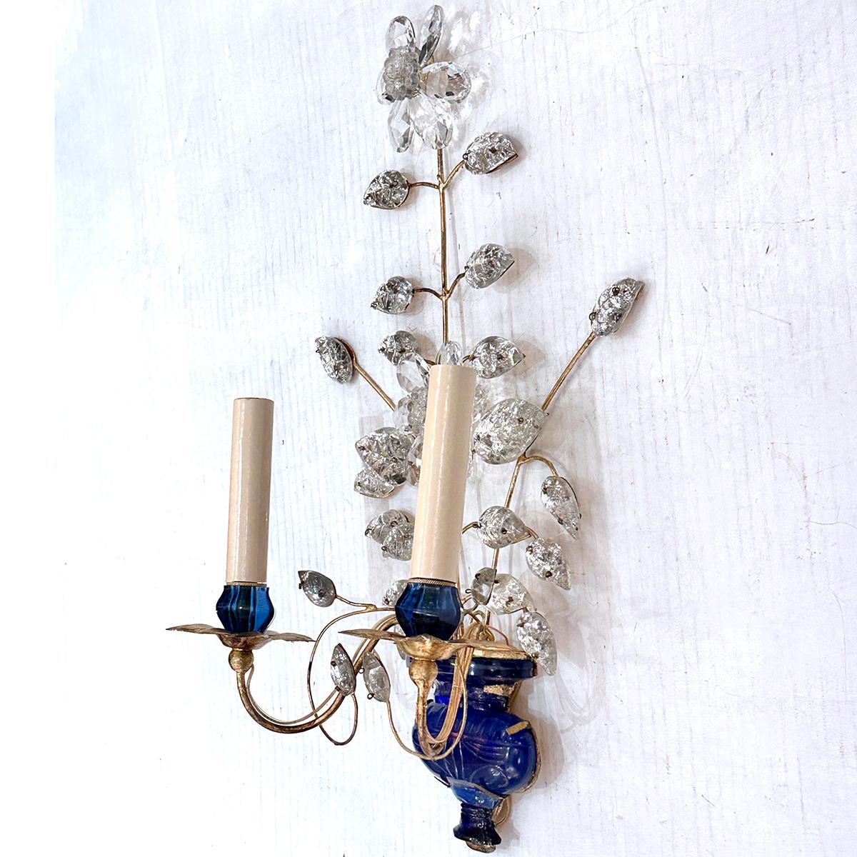 Gilt Pair of Vintage French Blue Sconces For Sale
