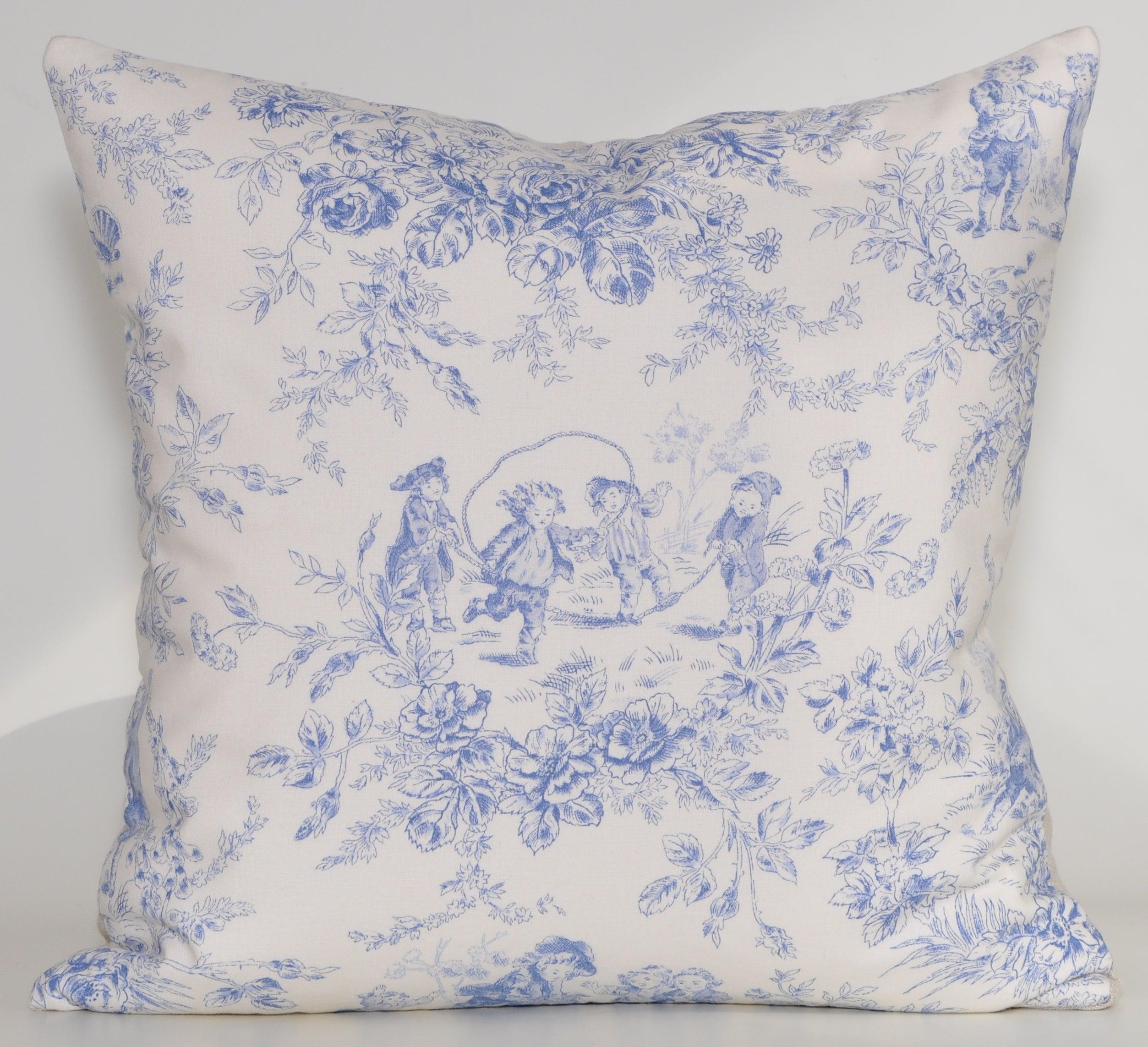 Vintage French blue 'Toile De Jouy' cushions pillows with in Irish Linen

Custom made one-of-a-kind luxury pair of cushions (pillows) set created from vintage fabric of an antique 'Toile de Jouy' design in delicate cotton. Purchased at ‘Marché Paul