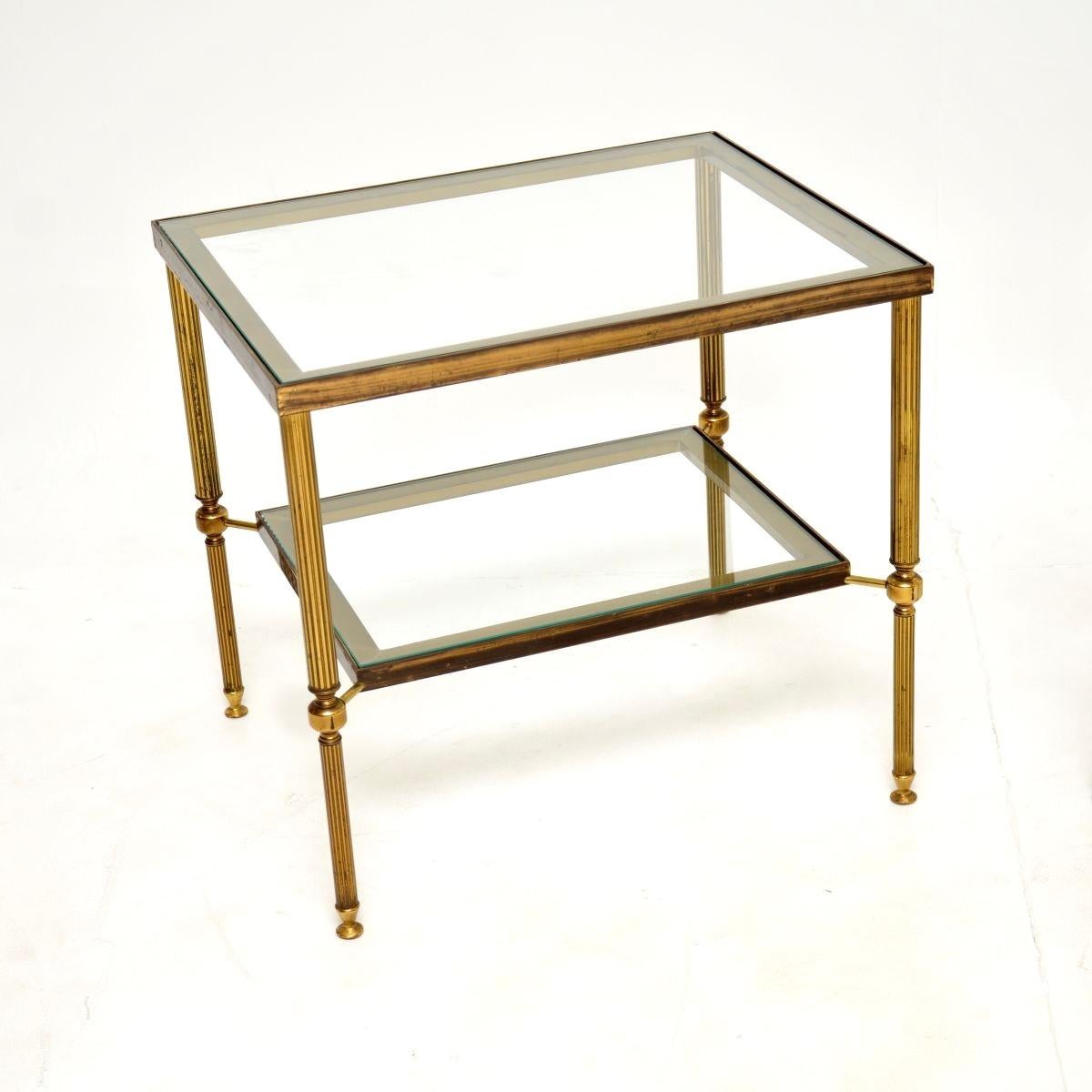 Hollywood Regency Pair of Vintage French Brass and Glass Side Tables For Sale