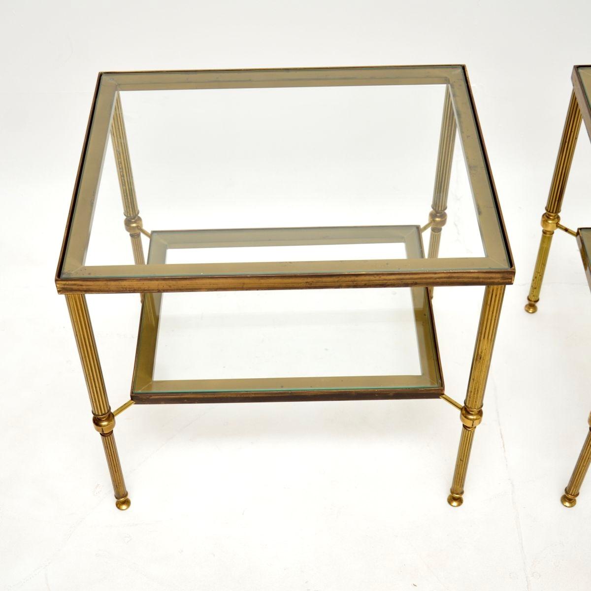 Mid-20th Century Pair of Vintage French Brass and Glass Side Tables For Sale