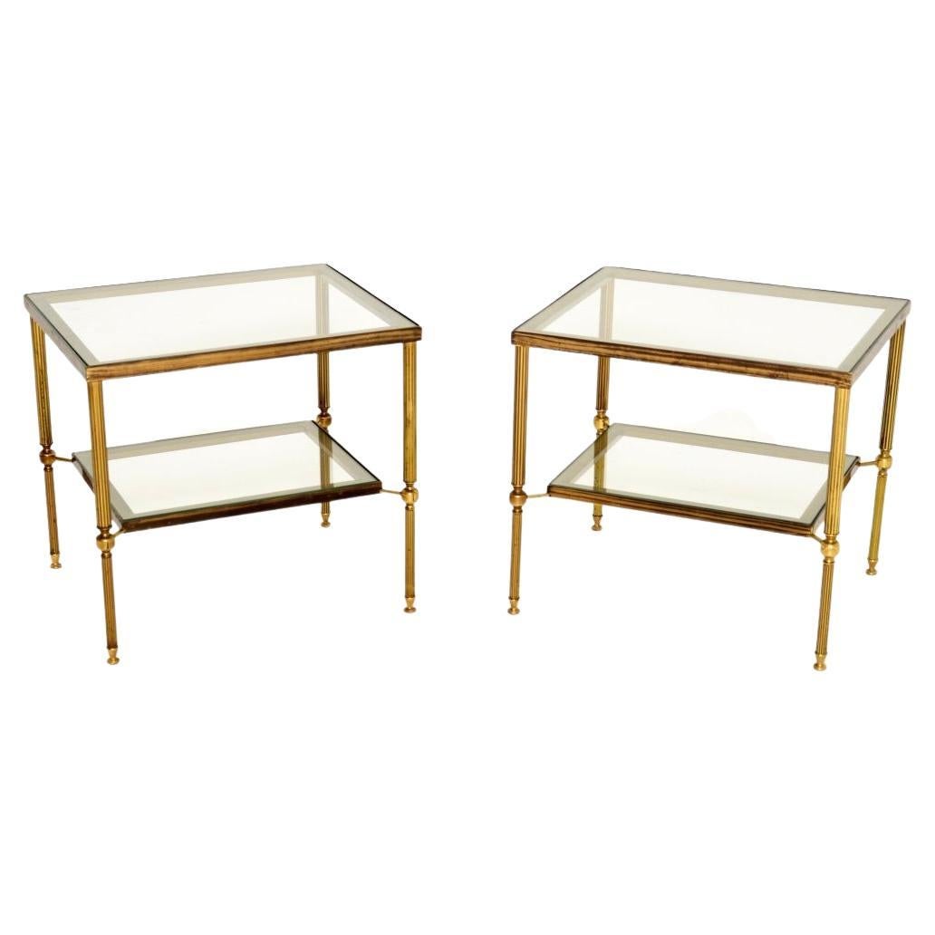 Pair of Vintage French Brass and Glass Side Tables For Sale