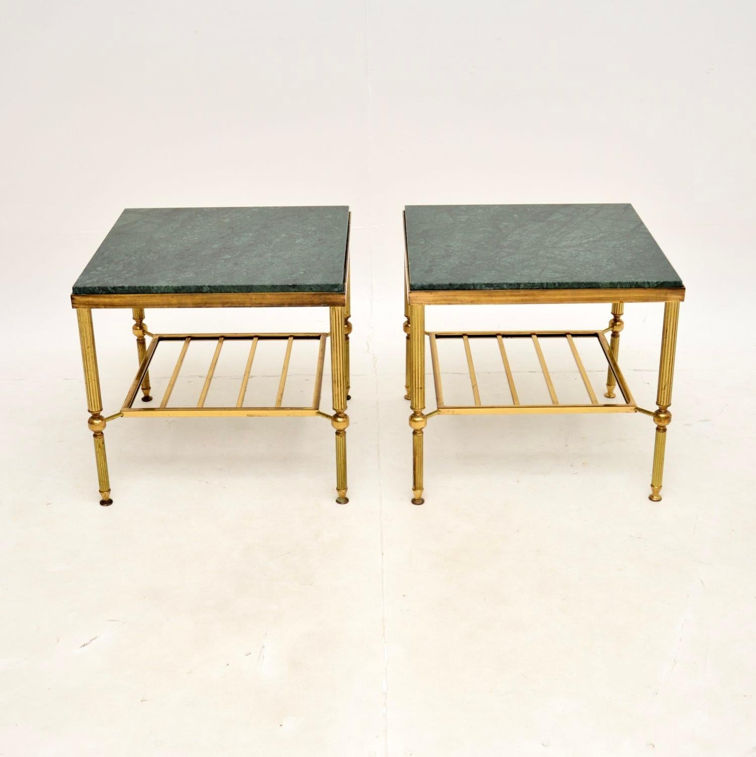 A stylish and extremely well made pair of vintage French brass and marble side tables. They were made in France and date from around the 1960-70’s.

The quality is fantastic, the solid brass frames are beautifully designed with fluted legs and a