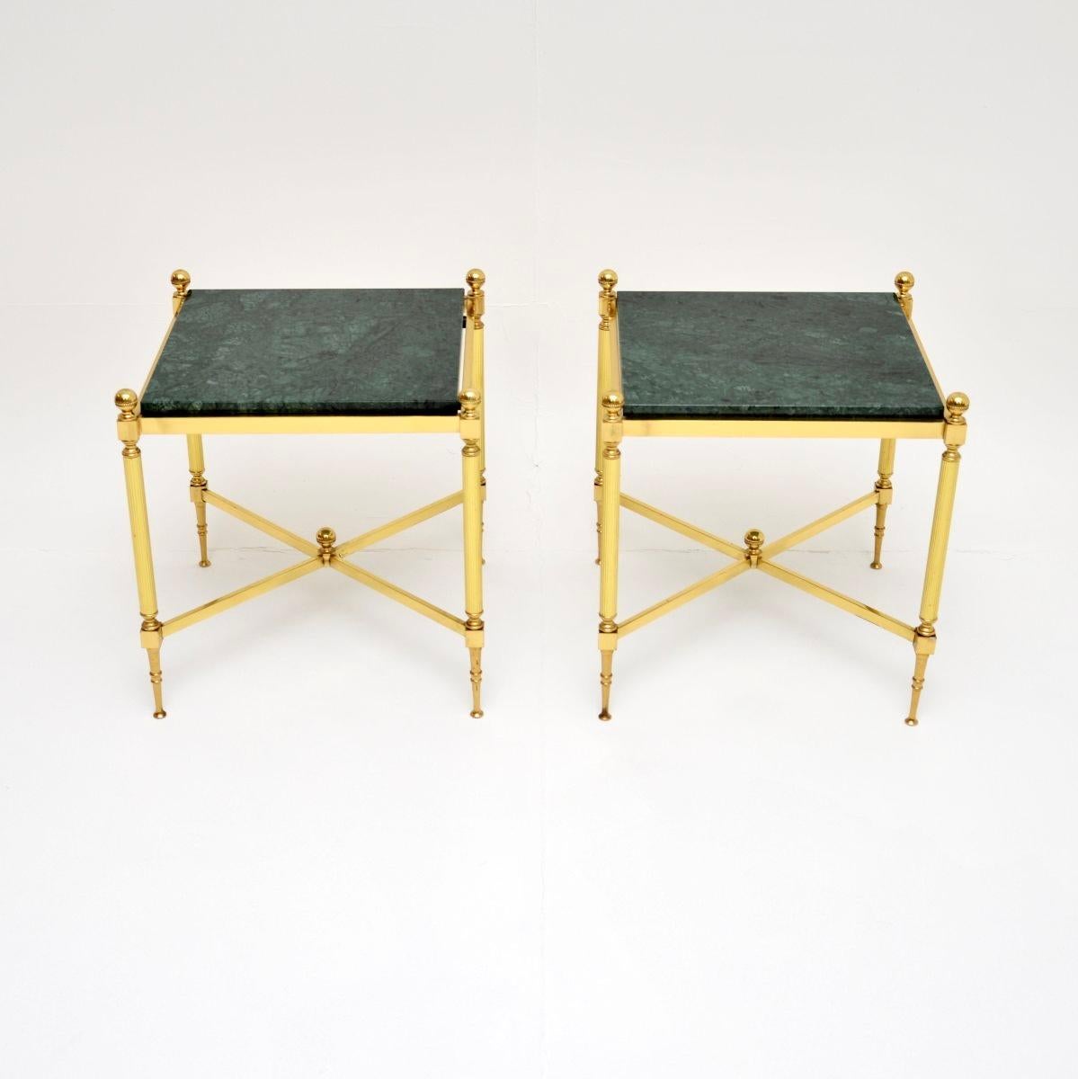 A stunning pair of vintage French brass and marble side tables, dating from the 1970’s.

They are as well made and stylish and you can get, the quality is outstanding. The solid brass frames are beautifully constructed, with lovely spherical finials