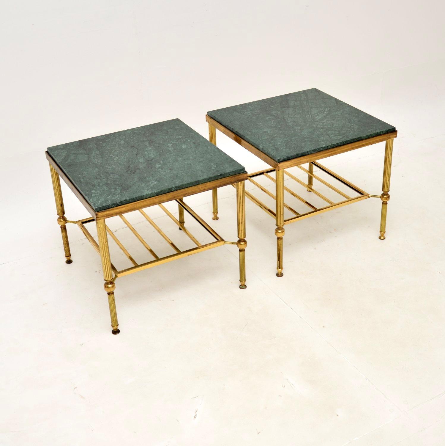Mid-Century Modern Pair of Vintage French Brass and Marble Side Tables