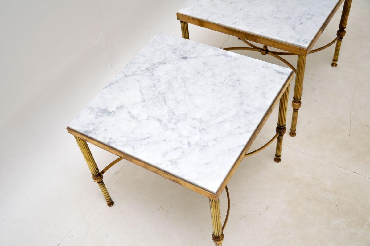 Mid-20th Century Pair of Vintage French Brass and Marble Side Tables For Sale