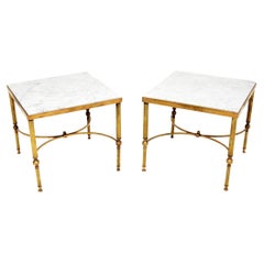 Pair of Retro French Brass and Marble Side Tables