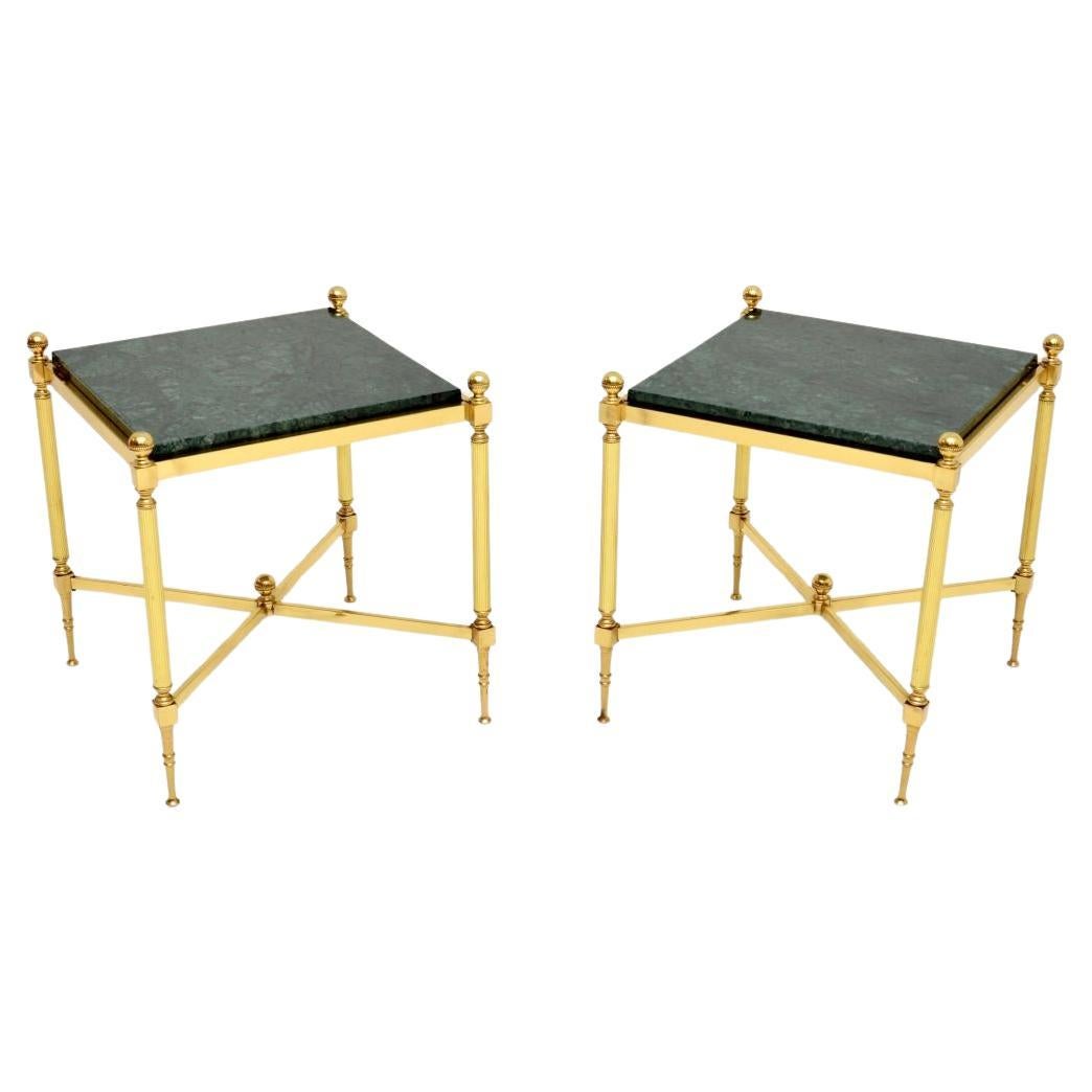 Pair of Vintage French Brass and Marble Side Tables For Sale