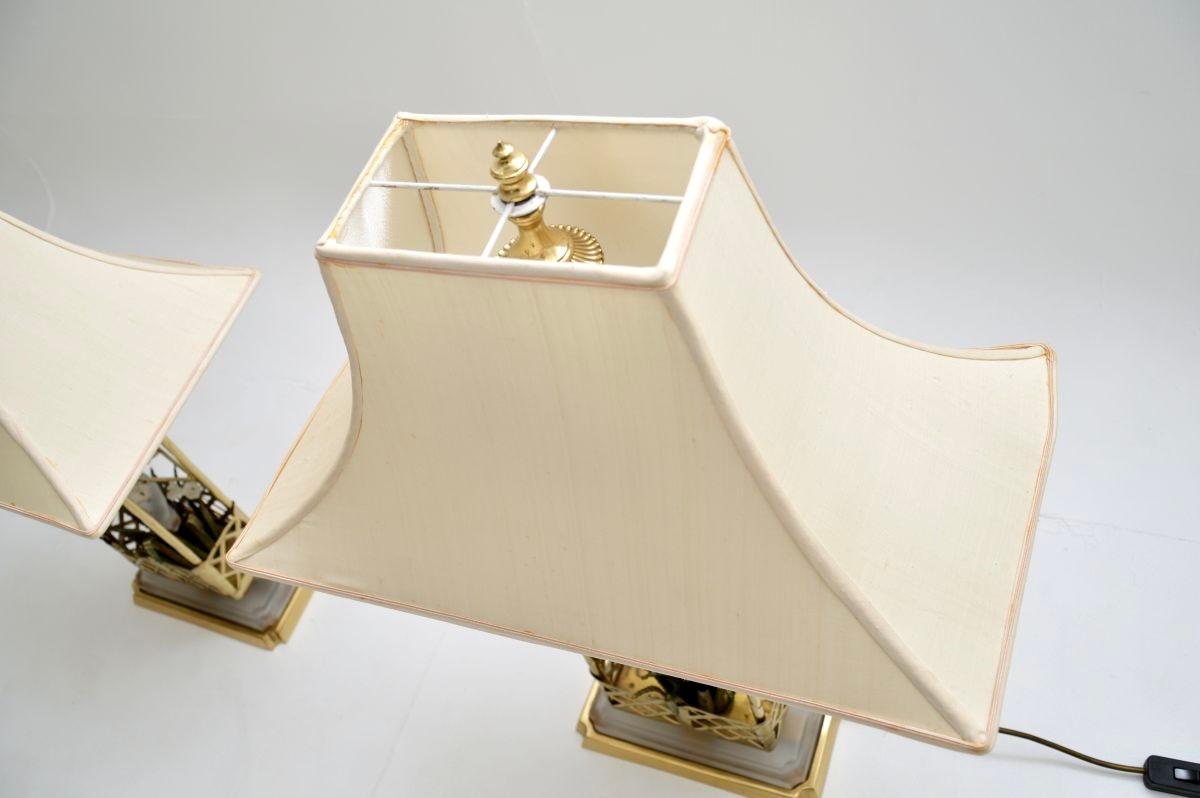 Mid-Century Modern Pair of Vintage French Brass and Opaline Glass Table Lamps by Maison Bagues For Sale