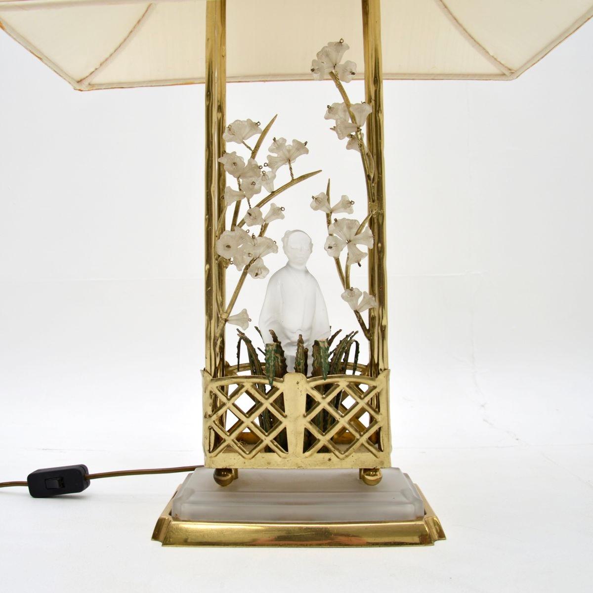 Late 20th Century Pair of Vintage French Brass and Opaline Glass Table Lamps by Maison Bagues For Sale